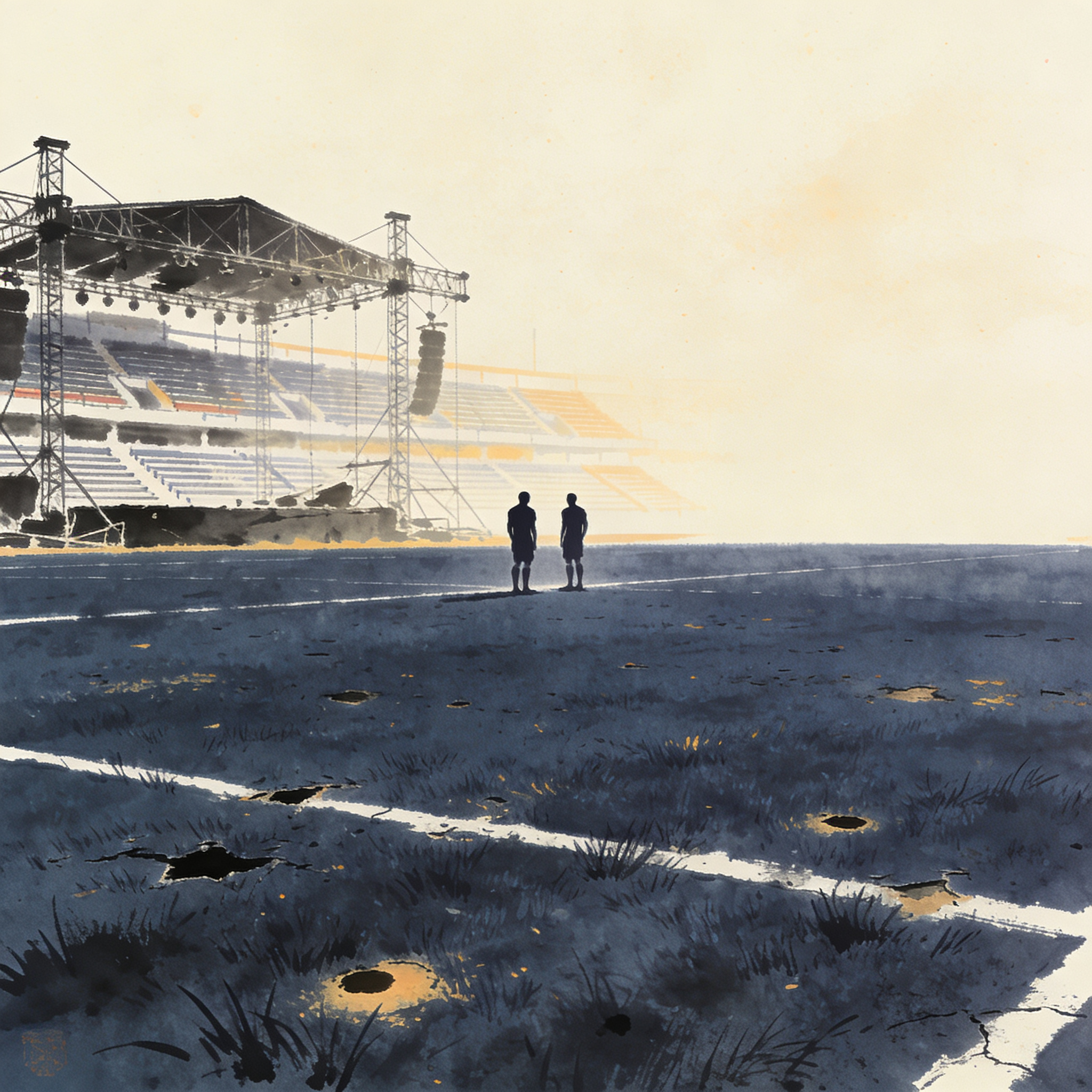 Santa Fe recibe a Junior en semifinal con cancha dañada por concierto — Cultura pop & política, ilustración editorial