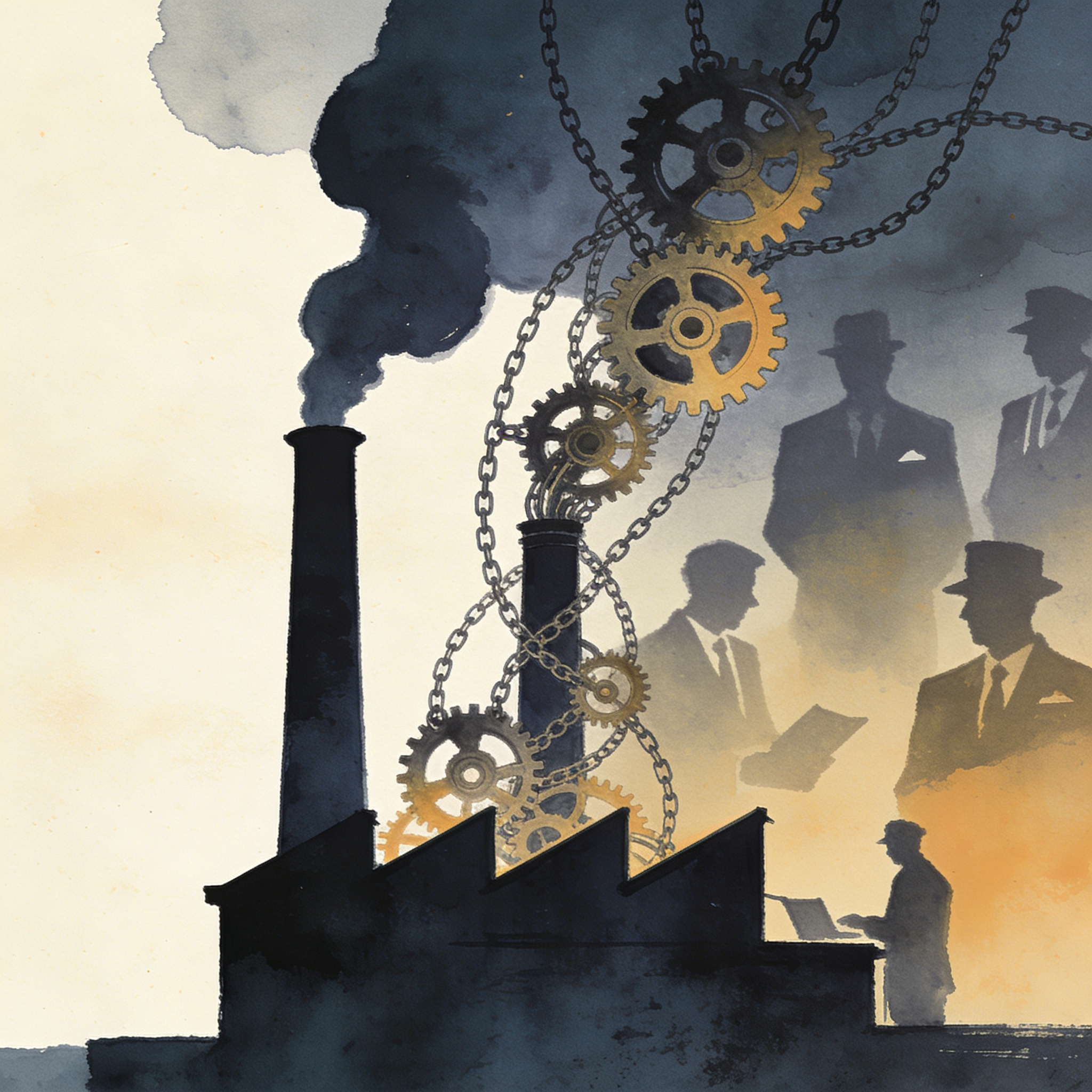 La trampa de la industrialización sin instituciones — Política, ilustración editorial