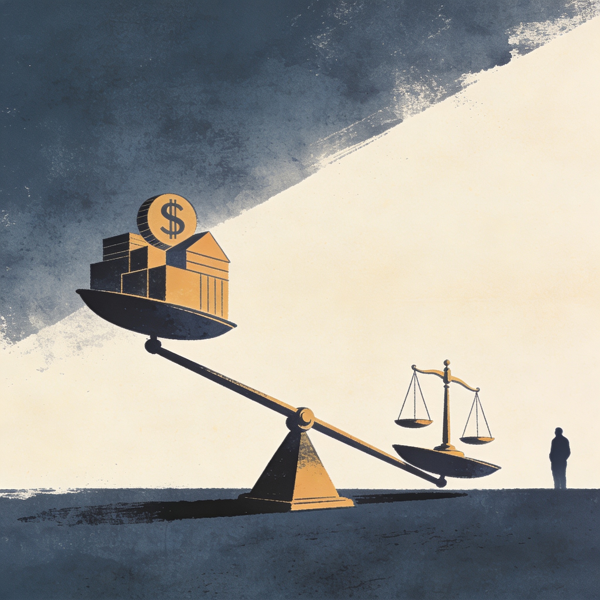 La tensión entre lucro y derechos no se resuelve con populismo judicial — Cultura política, ilustración editorial