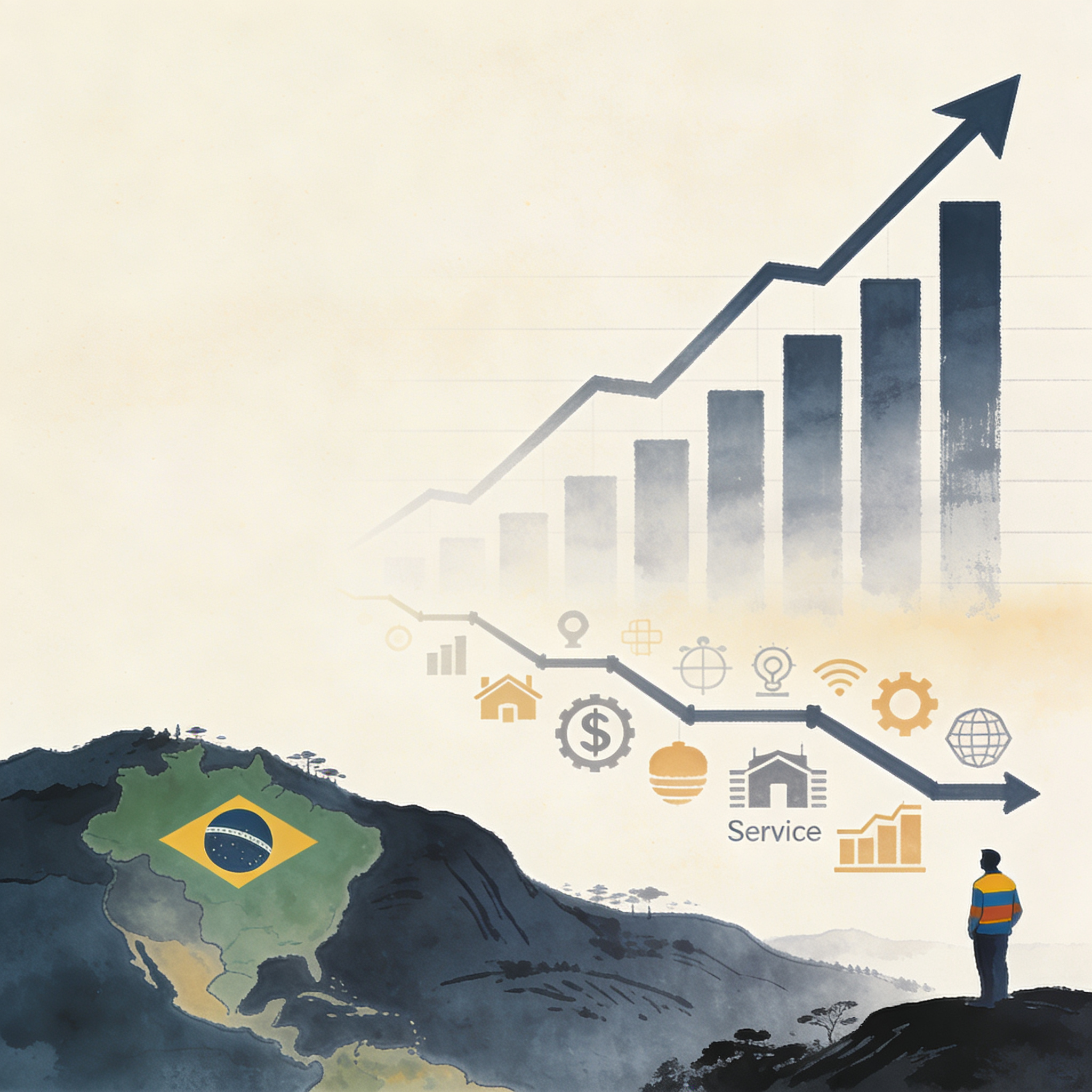 Brasil crece pero sus servicios se contraen mientras Bogotá mira la región — Mercados, ilustración editorial