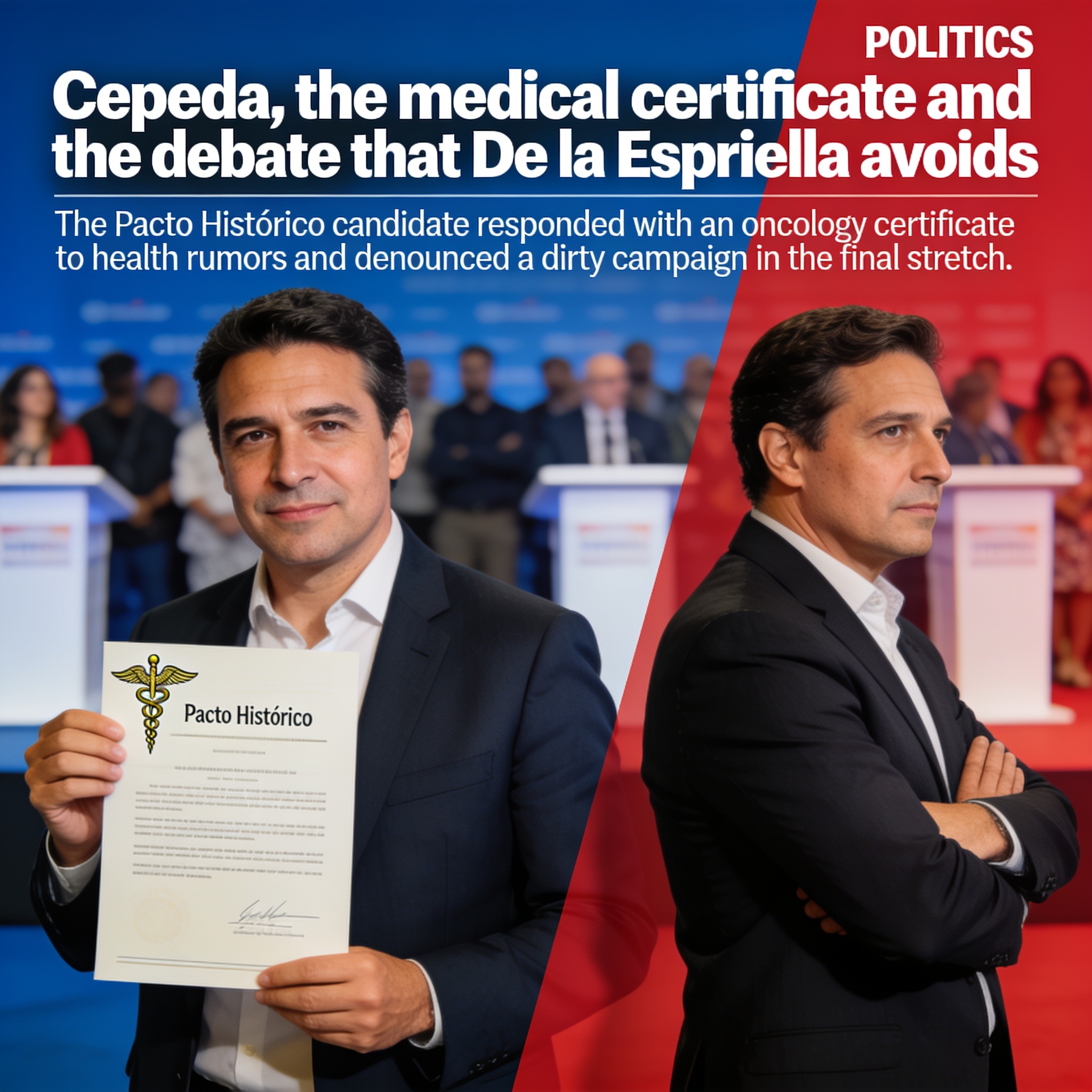 Cepeda, el certificado médico y el debate que De la Espriella evita — Política, ilustración editorial