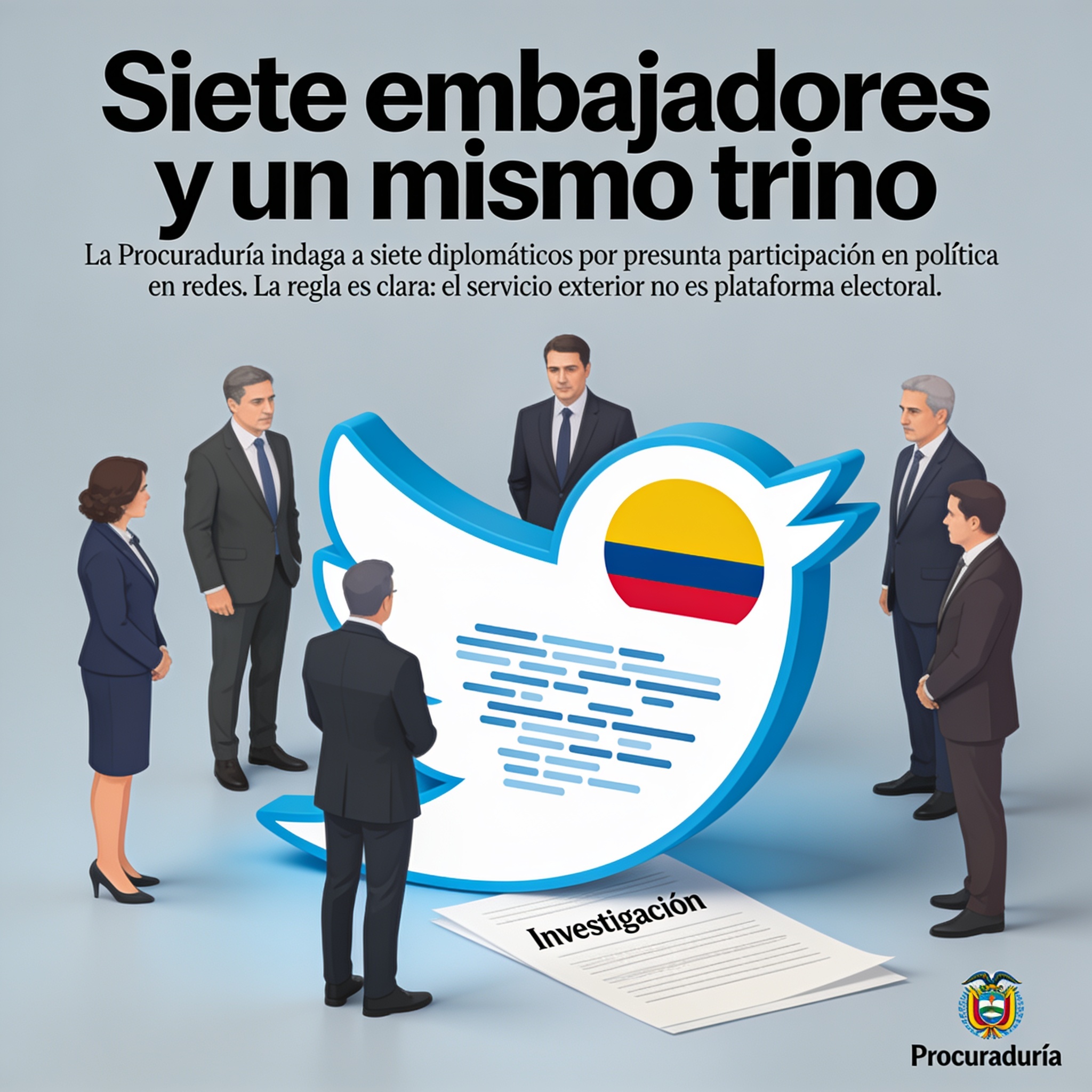 Siete embajadores y un mismo trino — Política, ilustración editorial