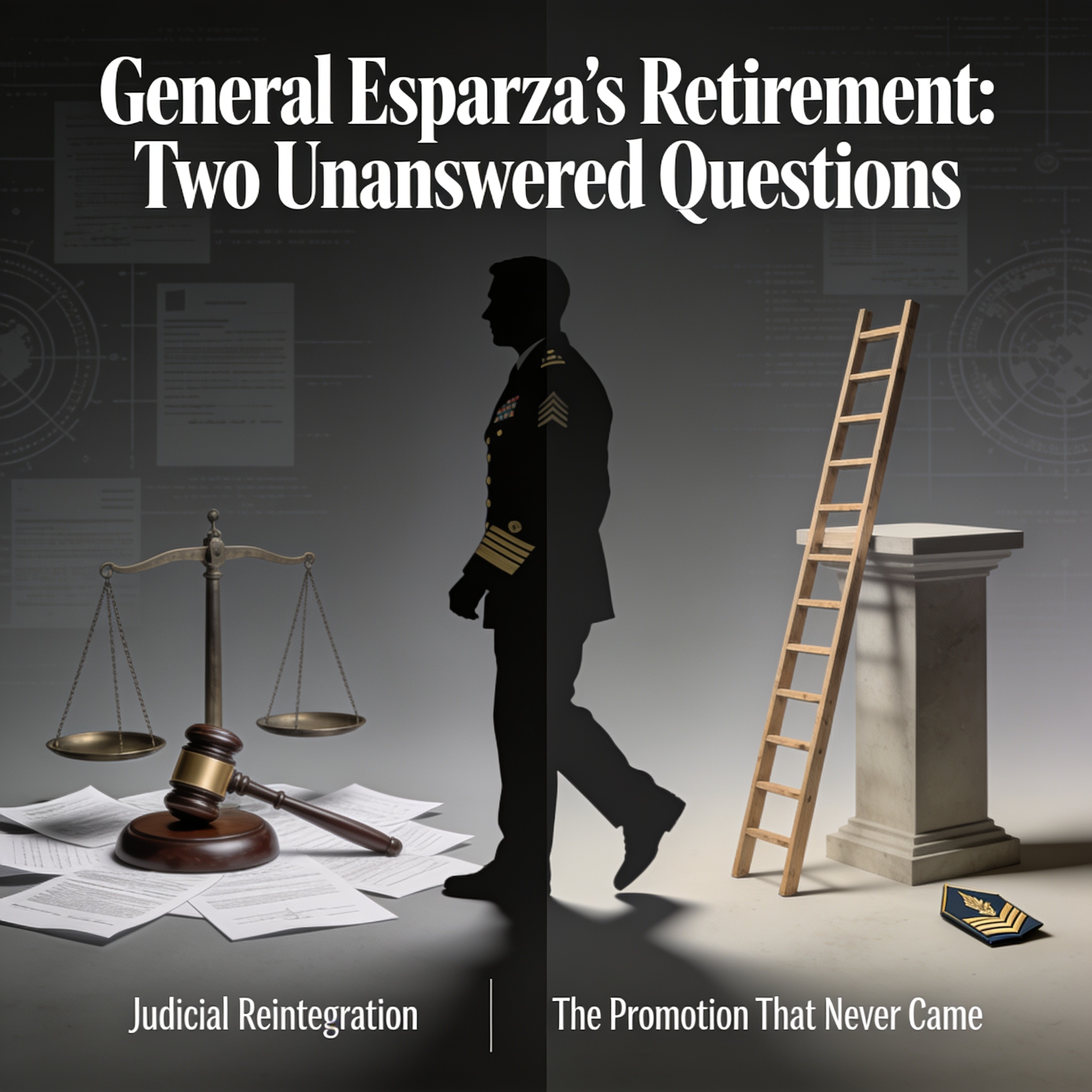 El general Esparza se retira y deja dos preguntas abiertas — Política, ilustración editorial