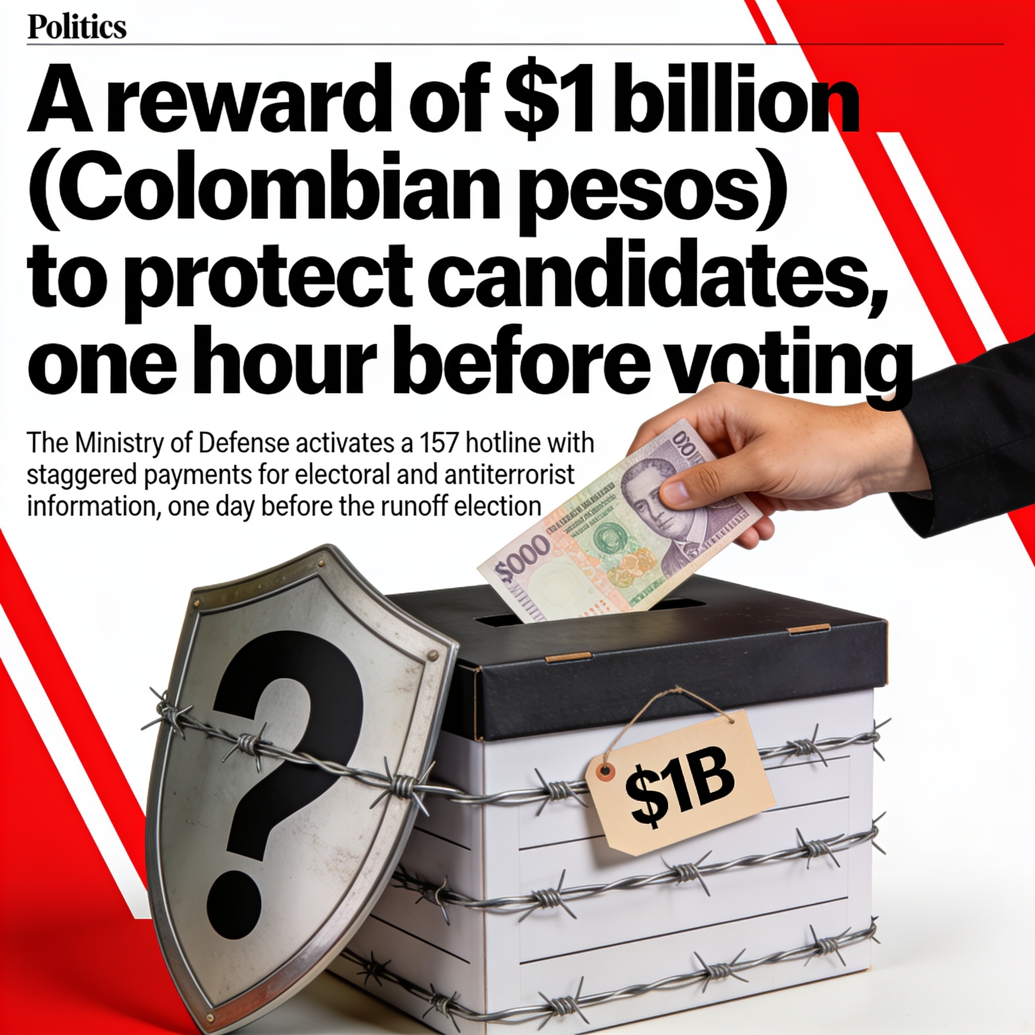 Recompensa de $1.000 millones para proteger candidatos, una hora antes de la votación — Política, ilustración editorial