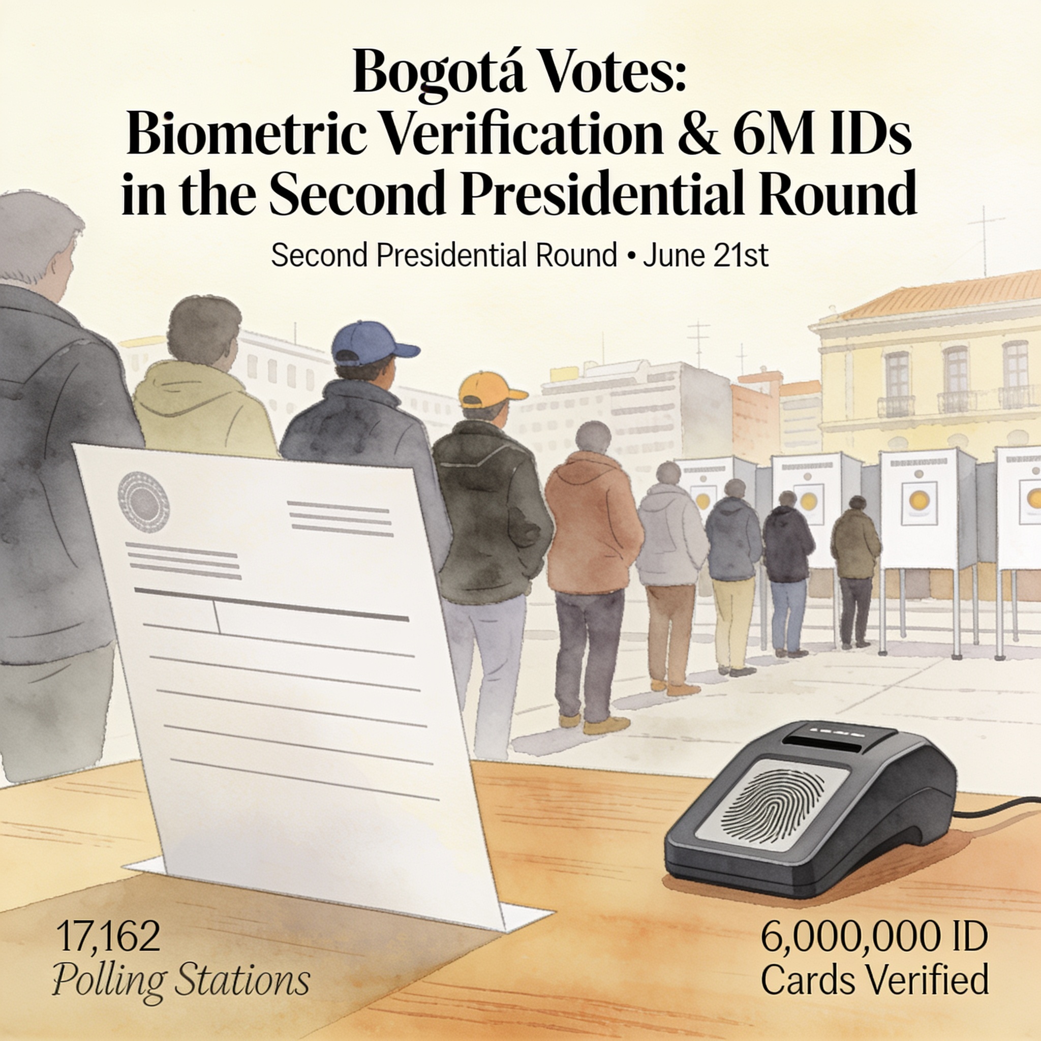 Bogotá vota con biometría y seis millones de cédulas — Política, ilustración editorial