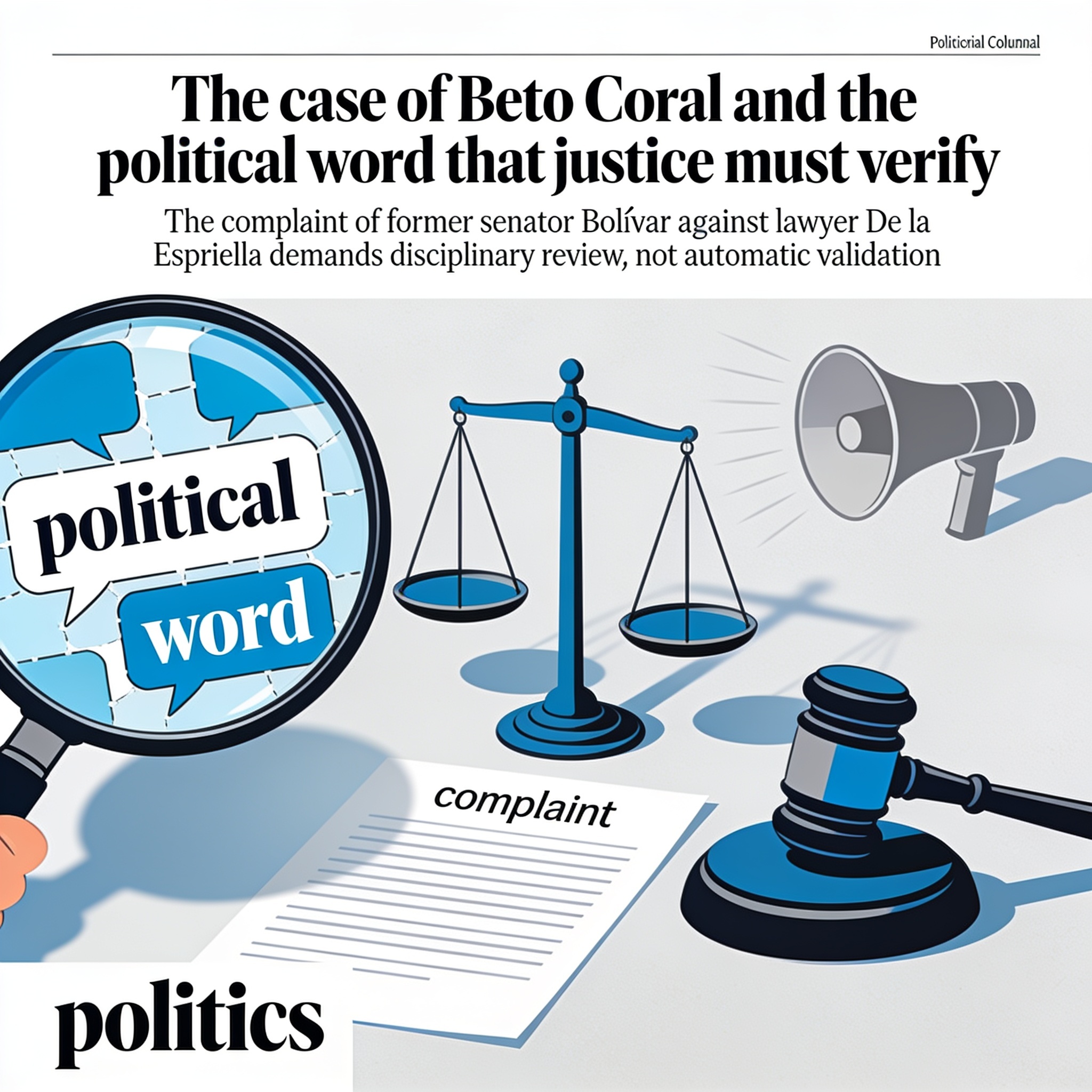 El caso Beto Coral y la palabra política que la justicia debe verificar — Política, ilustración editorial