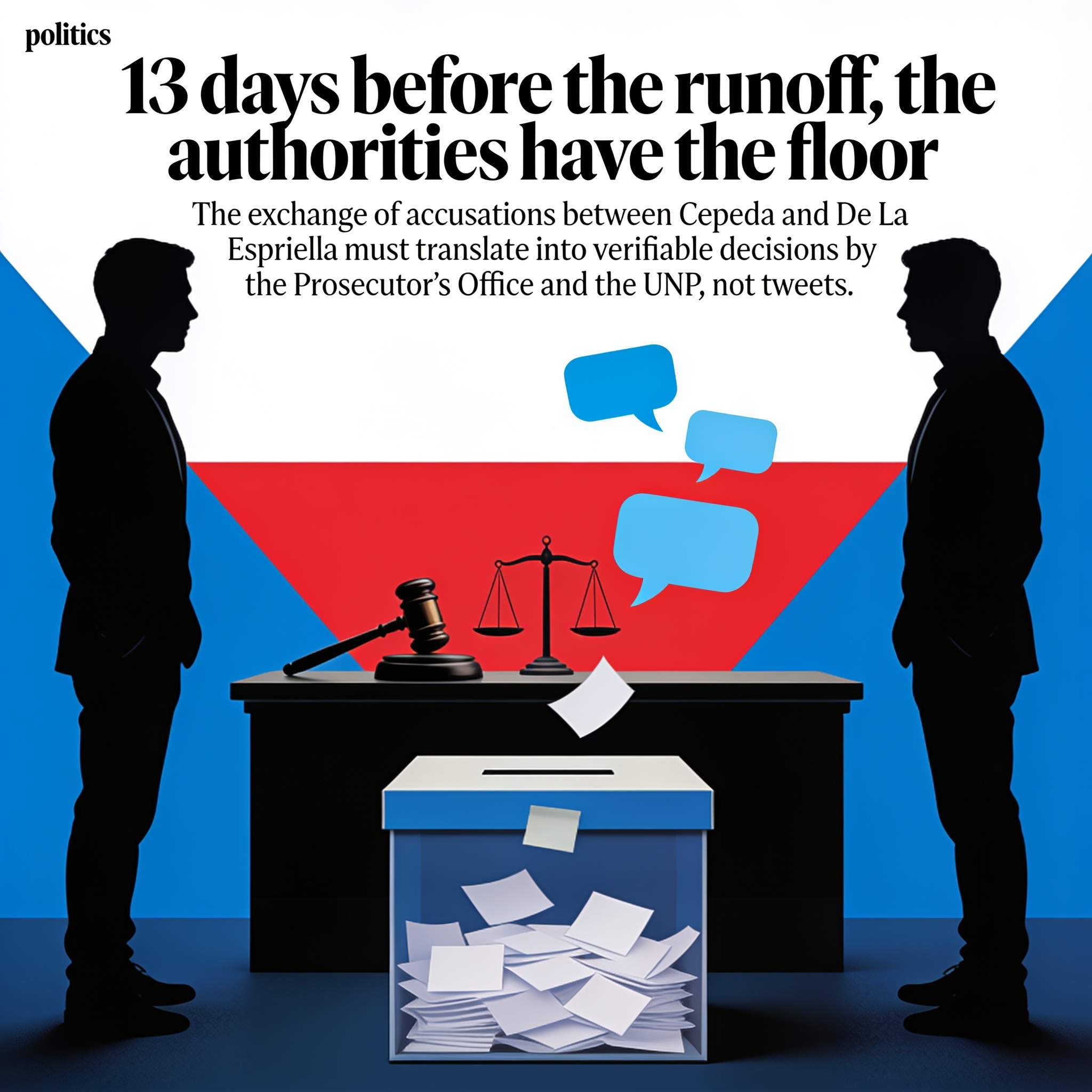 A 13 días de la segunda vuelta, la palabra la tienen las autoridades — Política, ilustración editorial
