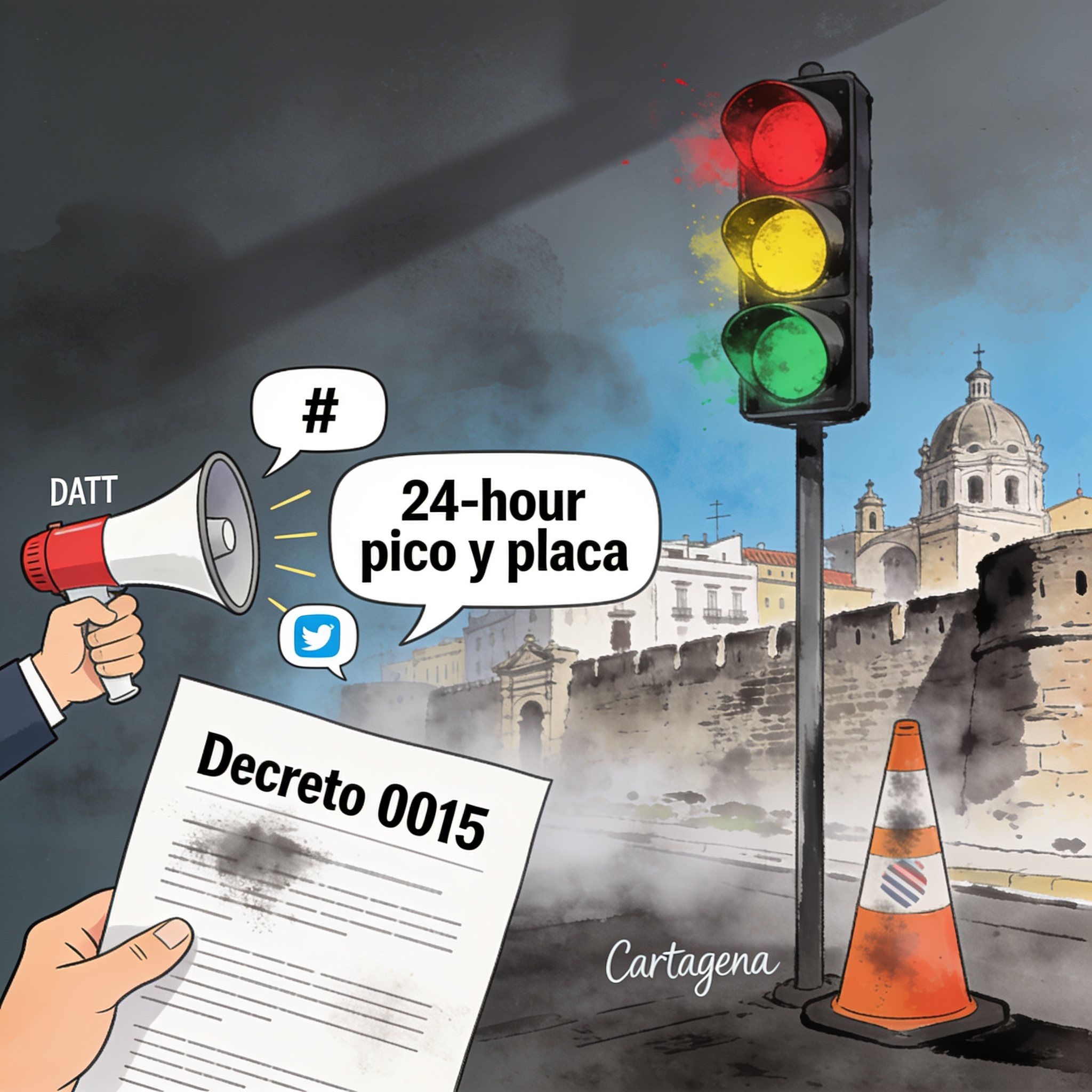 Cartagena, el bulo del pico y placa y la opacidad del Decreto 0015 — Política, ilustración editorial