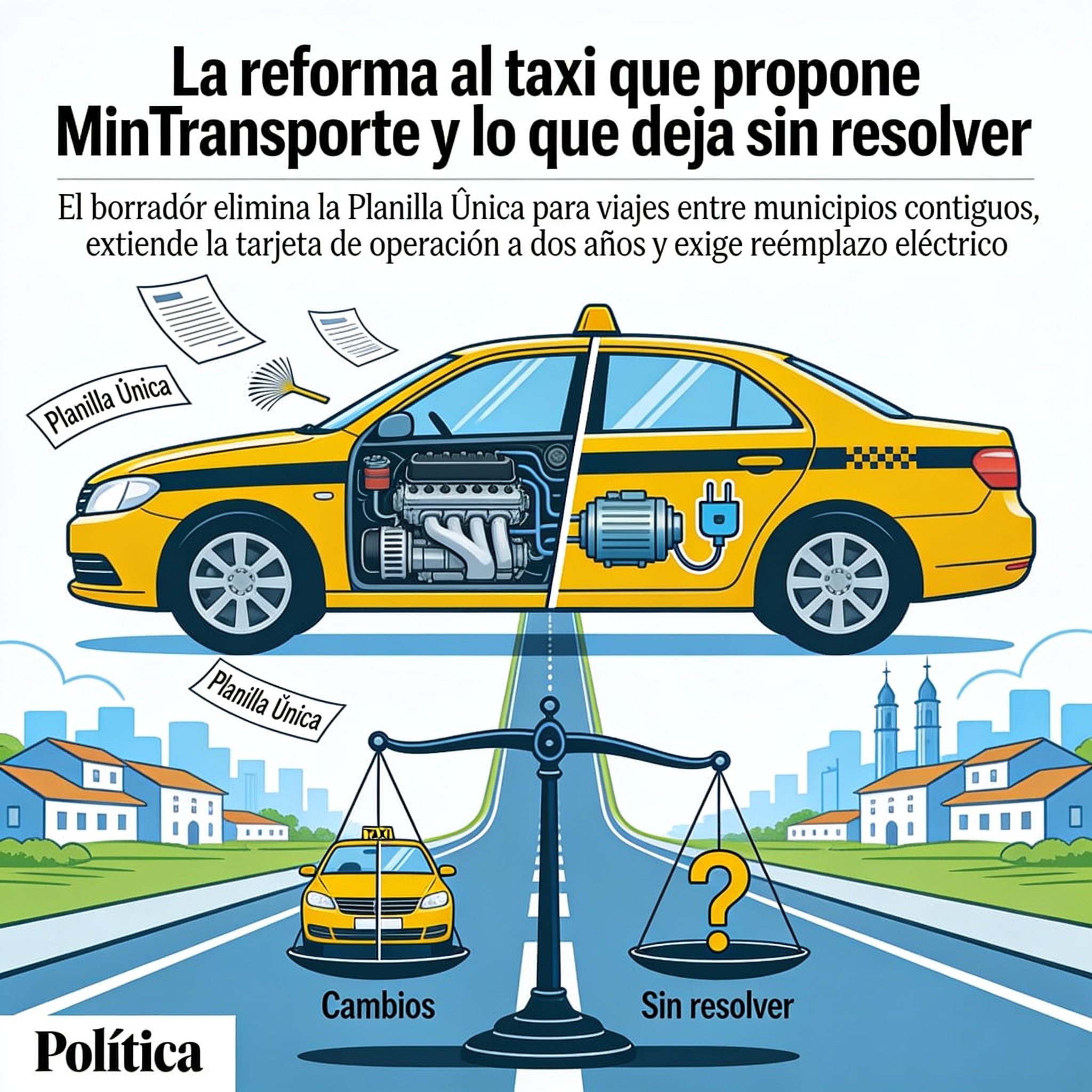 La reforma al taxi que propone MinTransporte y lo que deja sin resolver — Política, ilustración editorial