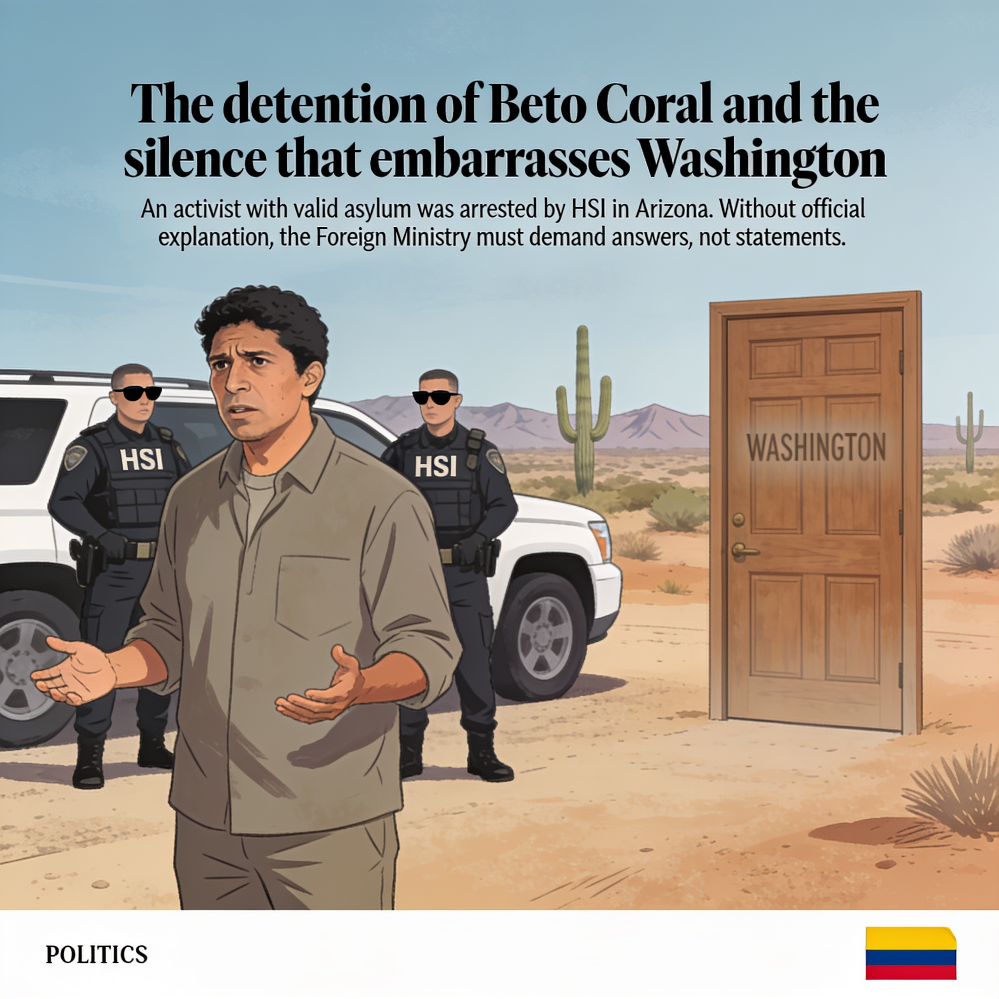 La detención de Beto Coral y el silencio que incomoda a Washington — Política, ilustración editorial