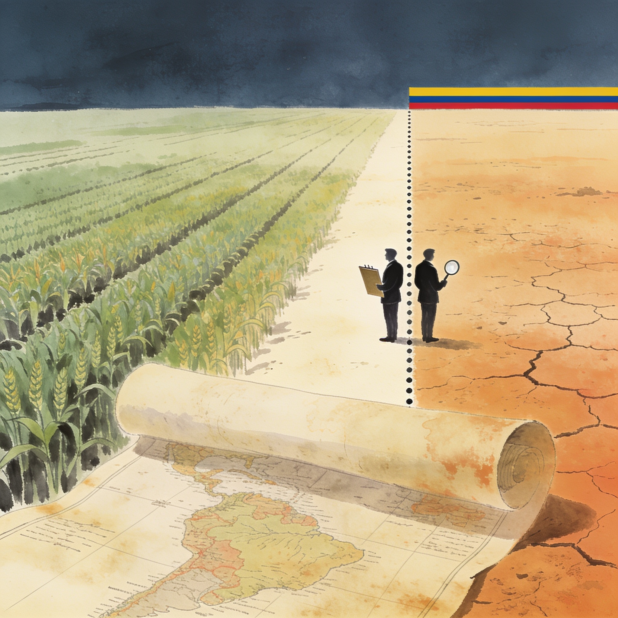 La tierra que el Gobierno dice entregar y la que realmente registra — Política, ilustración editorial