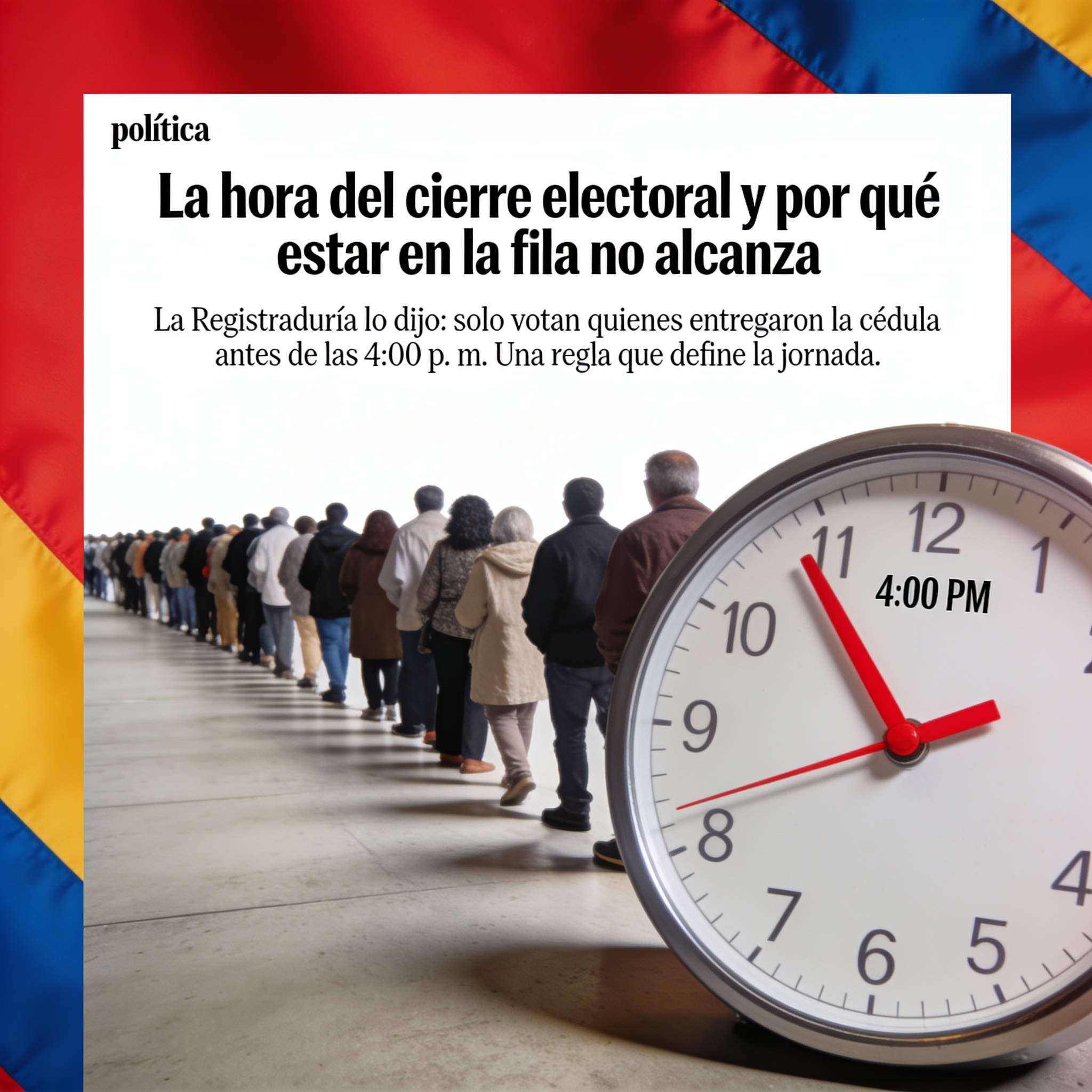 La hora del cierre electoral y por qué estar en la fila no alcanza — Política, ilustración editorial