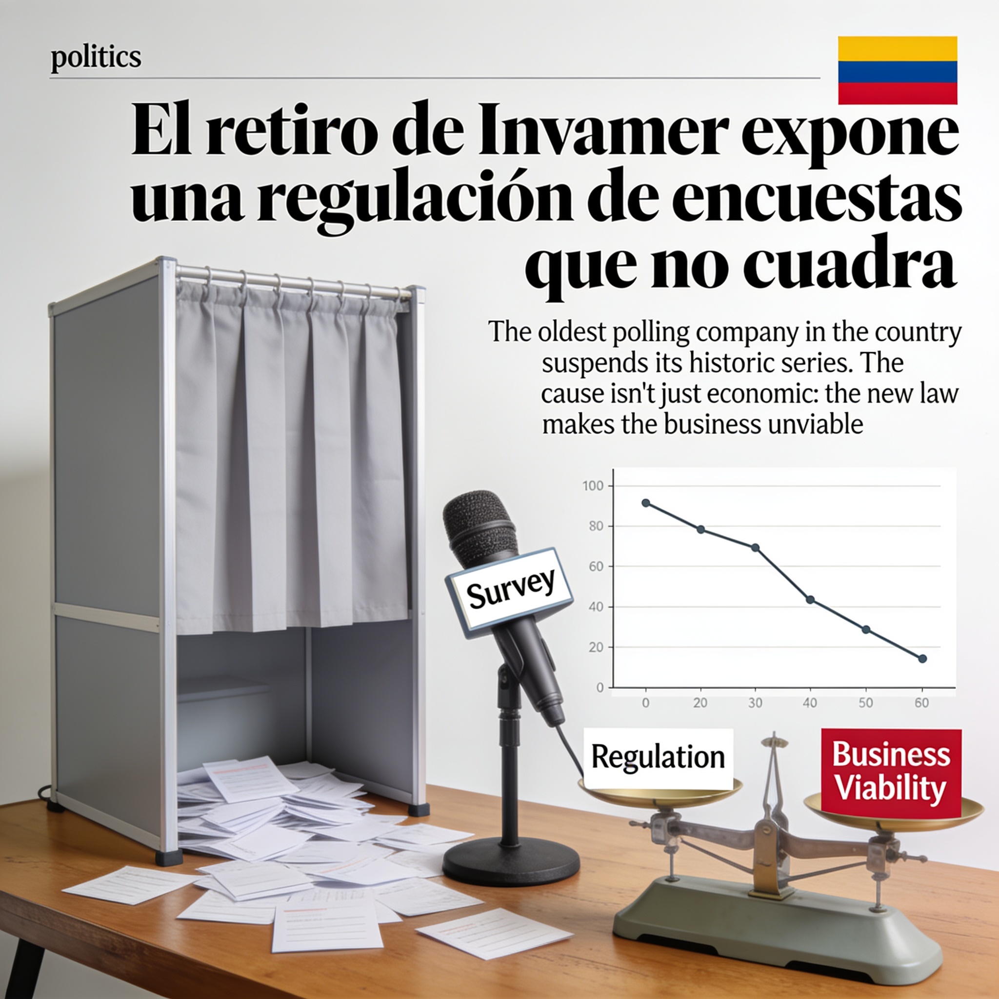 El retiro de Invamer expone una regulación de encuestas que no cuadra — Política, ilustración editorial