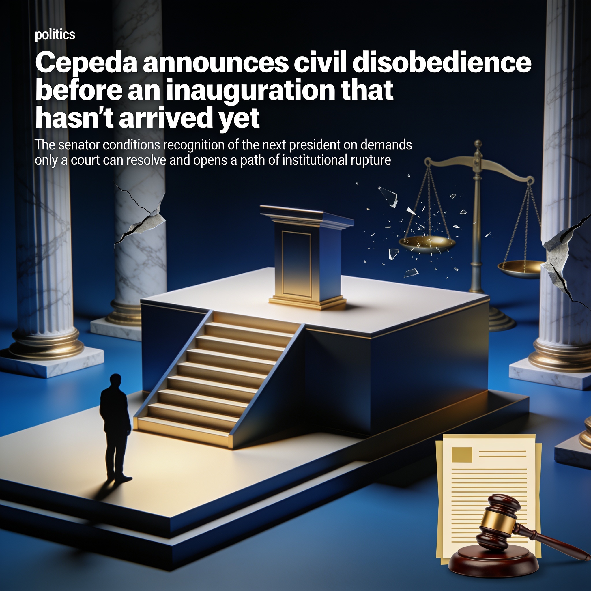 Cepeda anuncia desobediencia civil antes de una posesión que aún no llega — Política, ilustración editorial