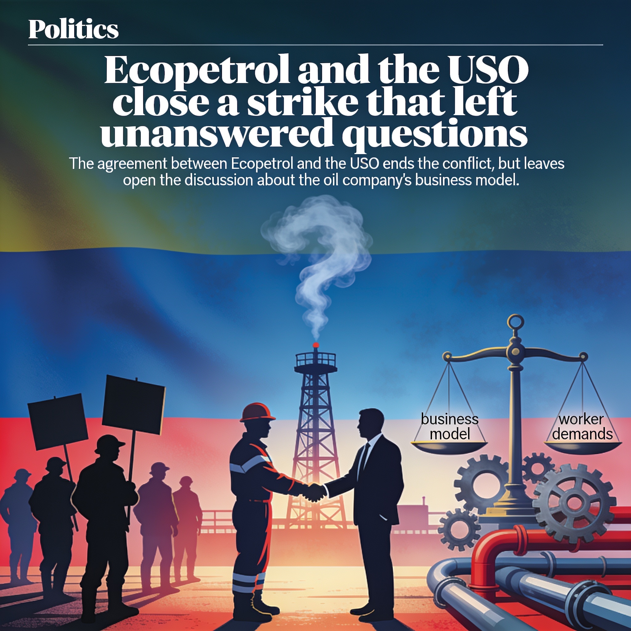 Ecopetrol y la USO cierran un paro que dejó preguntas sin responder — Política, ilustración editorial