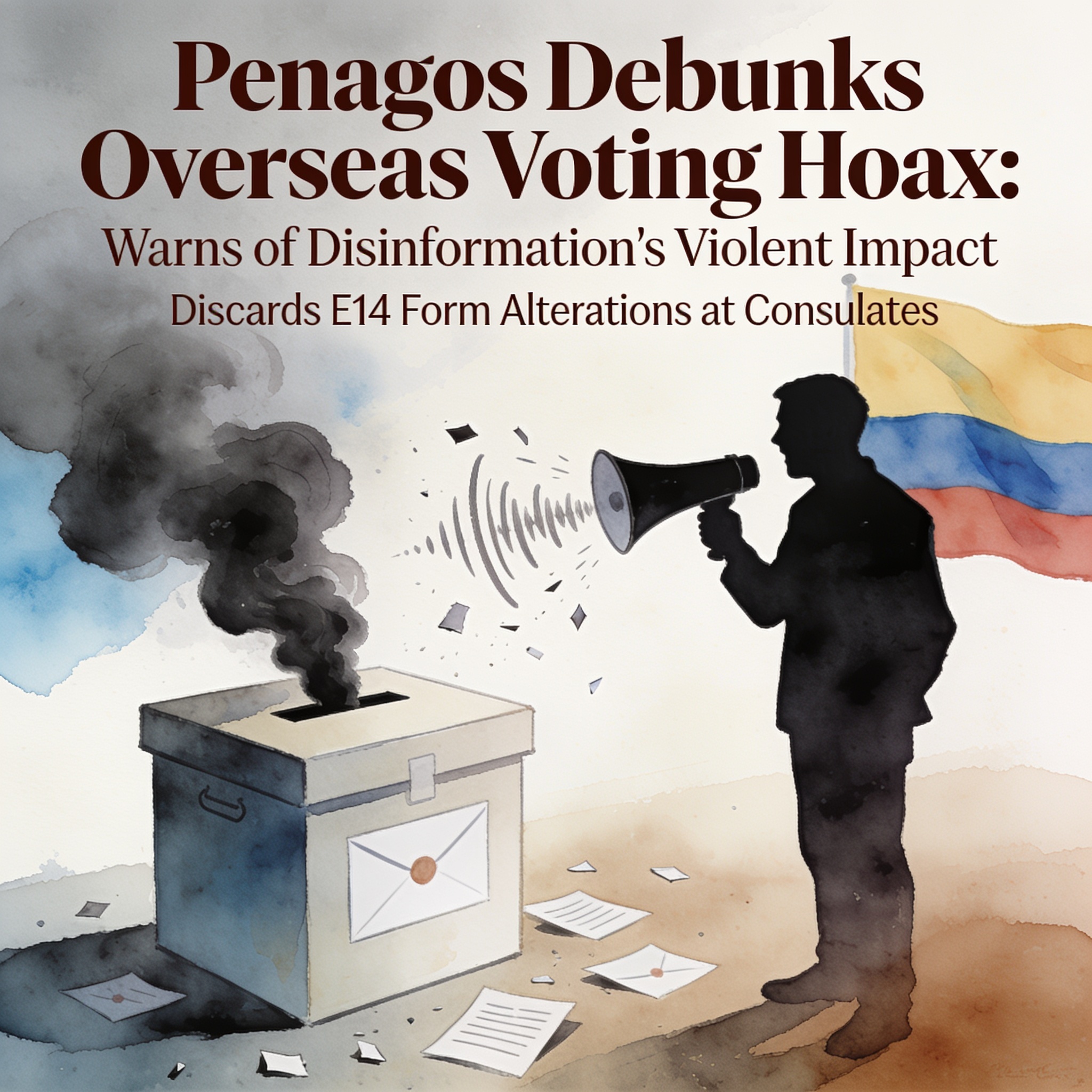 Penagos desmiente el bulo del voto exterior y alerta sobre sus efectos — Política, ilustración editorial
