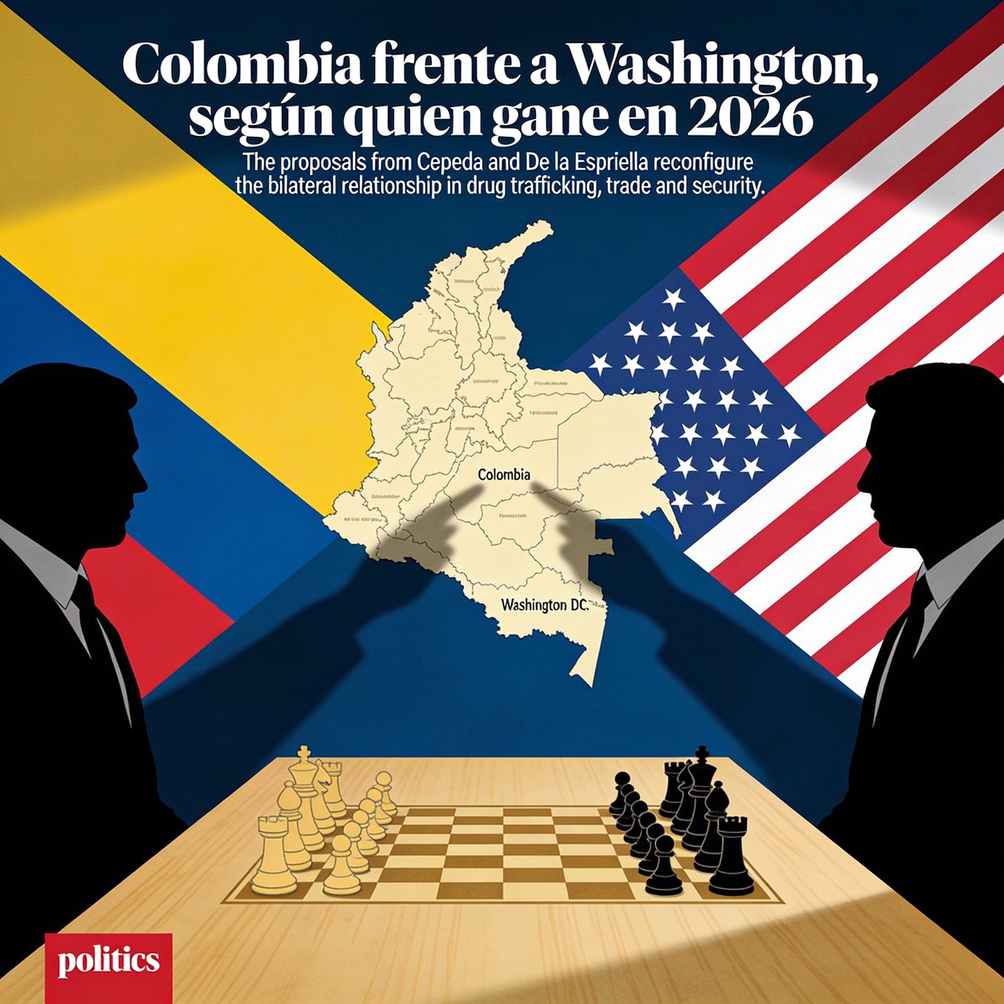 Colombia frente a Washington, según quien gane en 2026 — Política, ilustración editorial