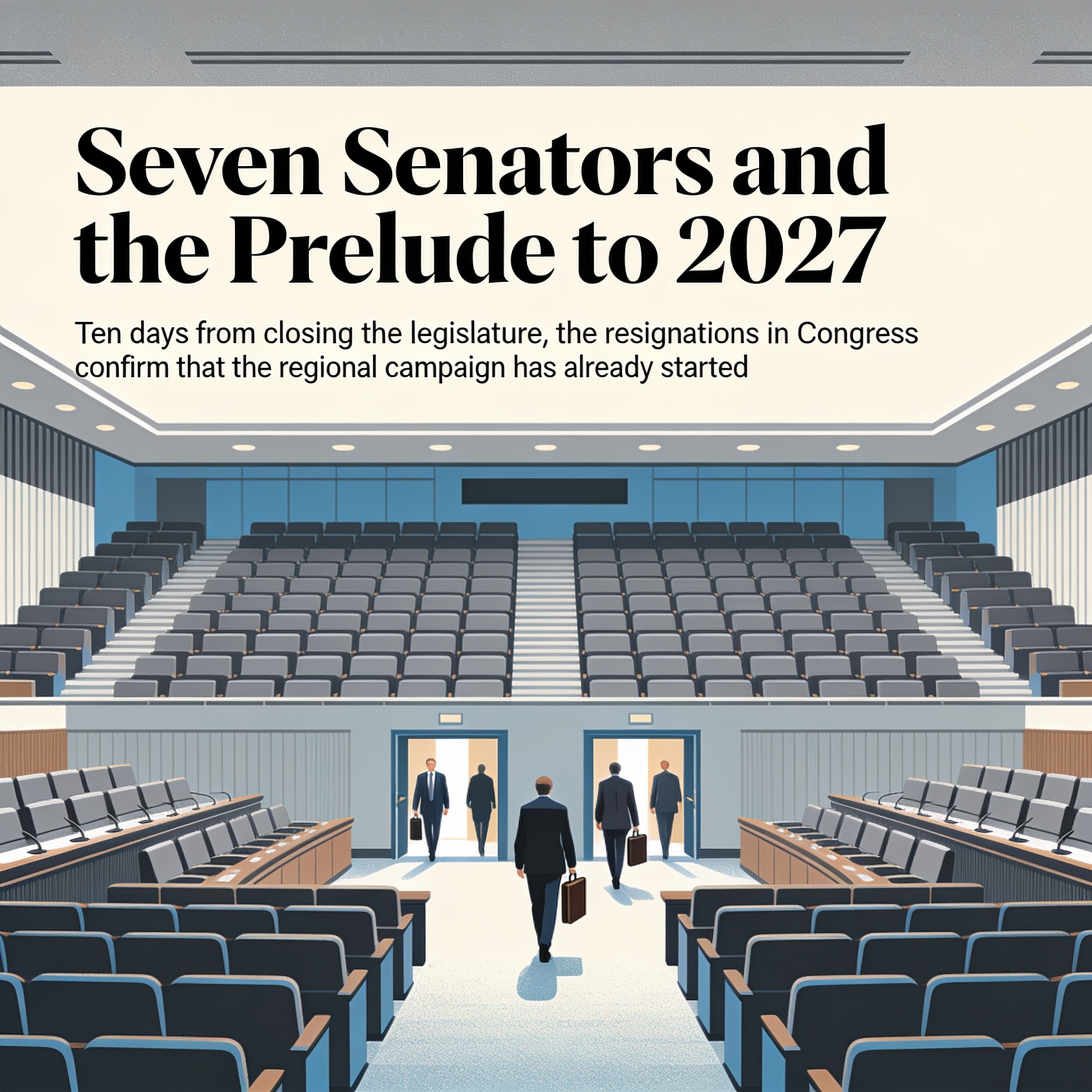 Siete senadores y la antesala de 2027 — Política, ilustración editorial