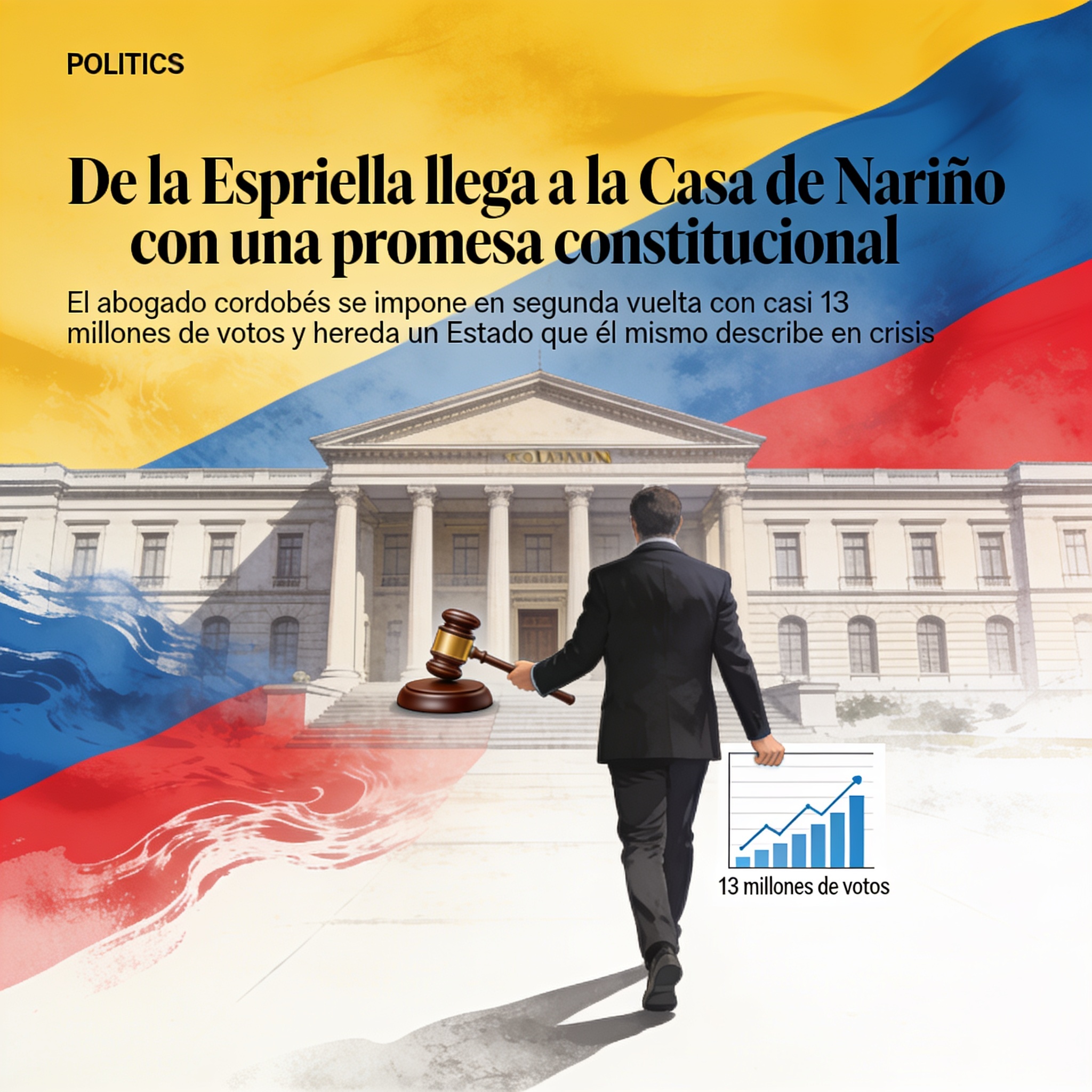 De la Espriella llega a la Casa de Nariño con una promesa constitucional — Política, ilustración editorial