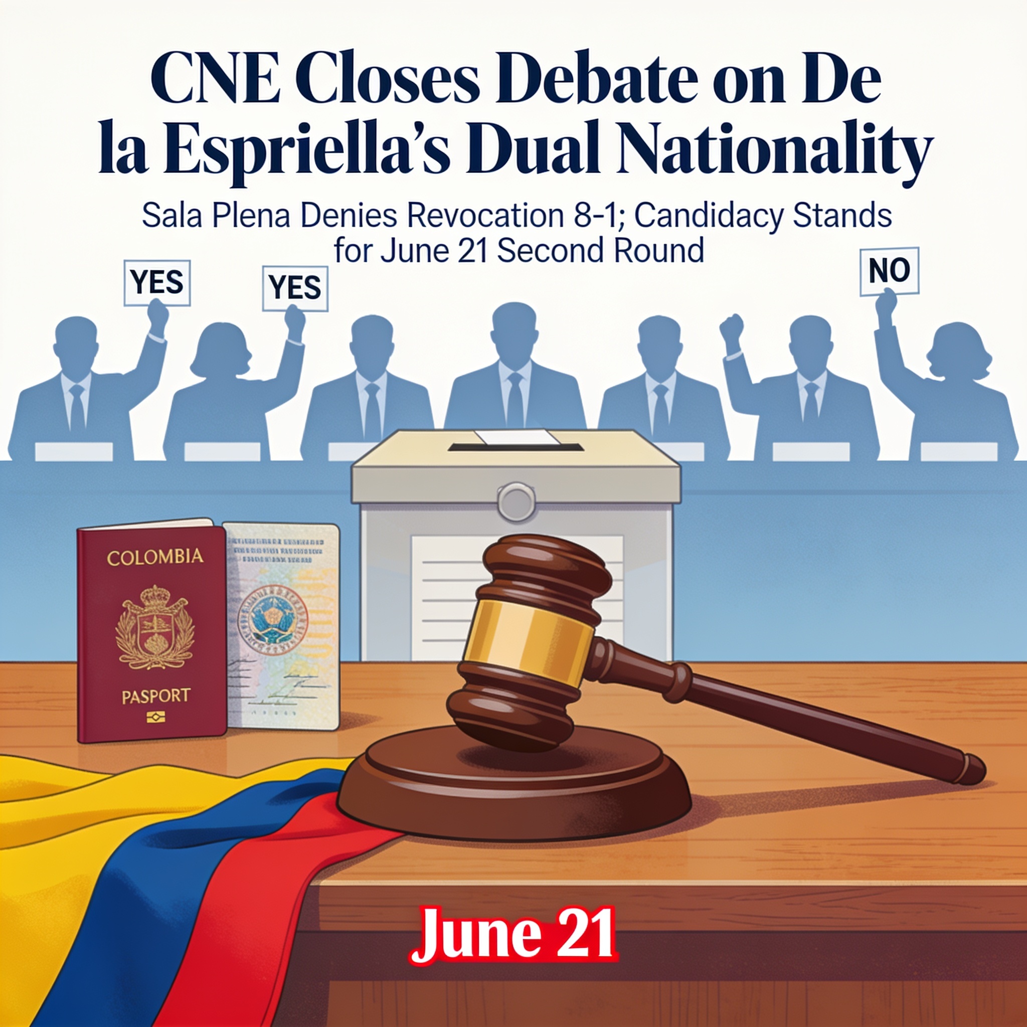 El CNE cierra el debate sobre De la Espriella y la doble nacionalidad — Política, ilustración editorial