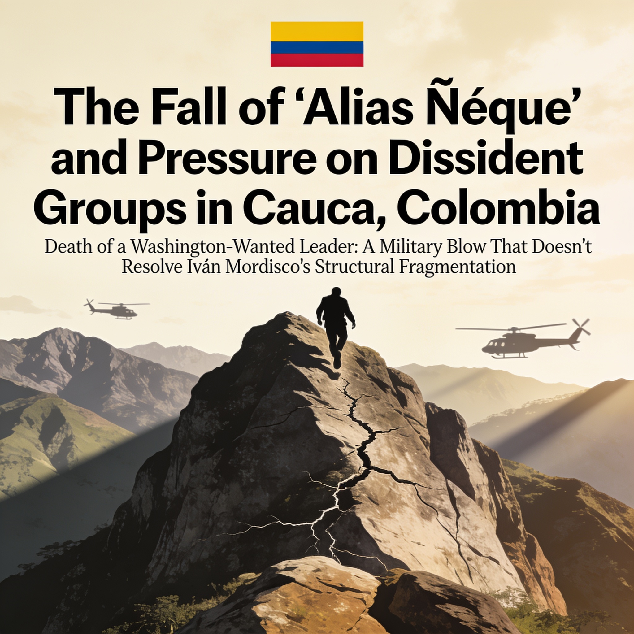 La caída de alias Ñeque y la presión sobre las disidencias en Cauca — Política, ilustración editorial