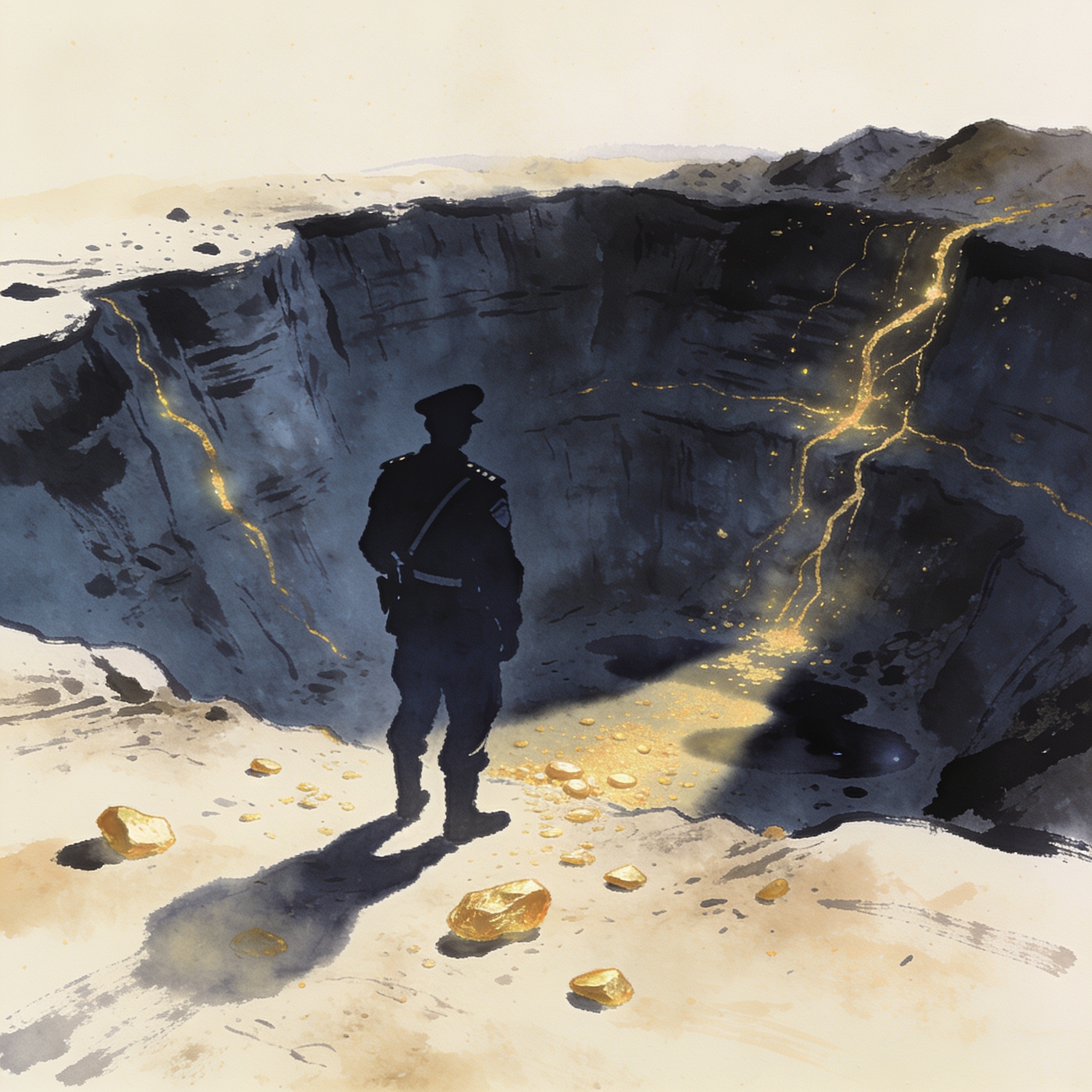 El retiro del general Hernández y la sombra del oro ilegal — Política, ilustración editorial
