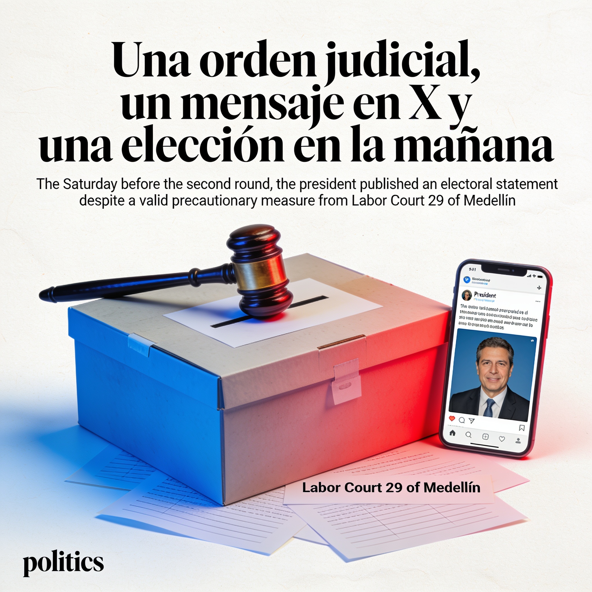 Una orden judicial, un mensaje en X y una elección en la mañana — Política, ilustración editorial