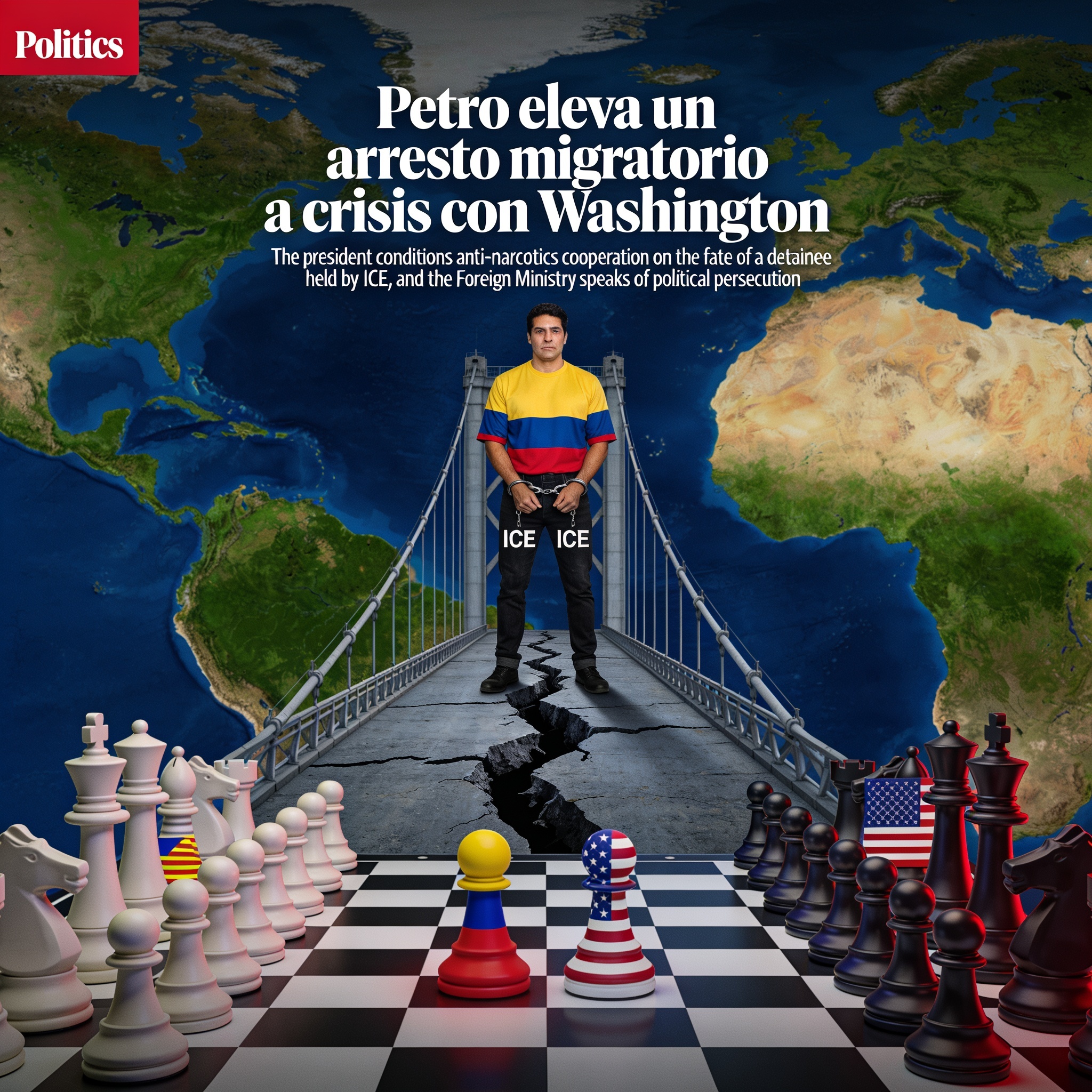 Petro eleva un arresto migratorio a crisis con Washington — Política, ilustración editorial