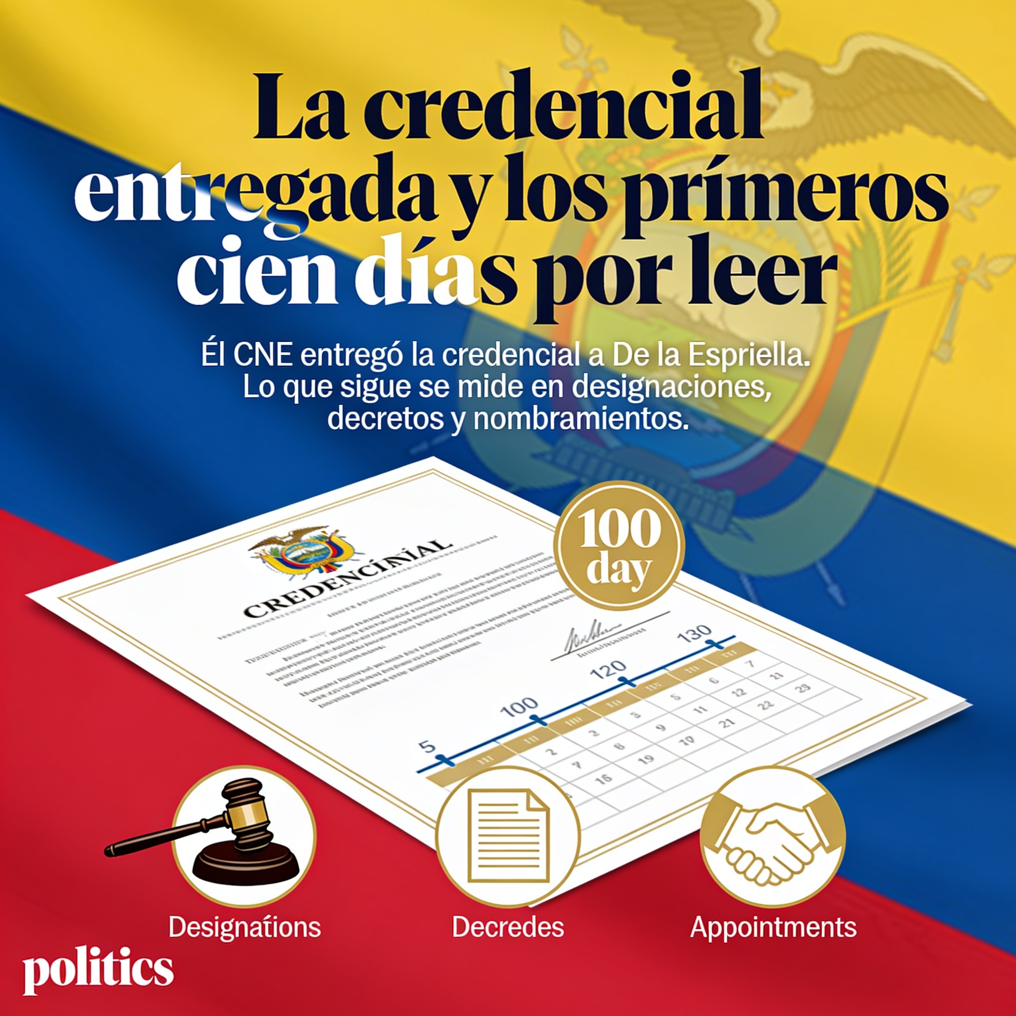 La credencial entregada y los primeros cien días por leer — Política, ilustración editorial