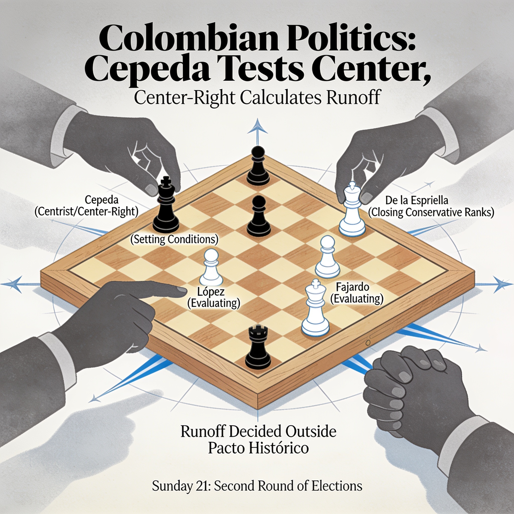 Cepeda tantea el centro y la centroderecha calcula su domingo 21 — Política, ilustración editorial