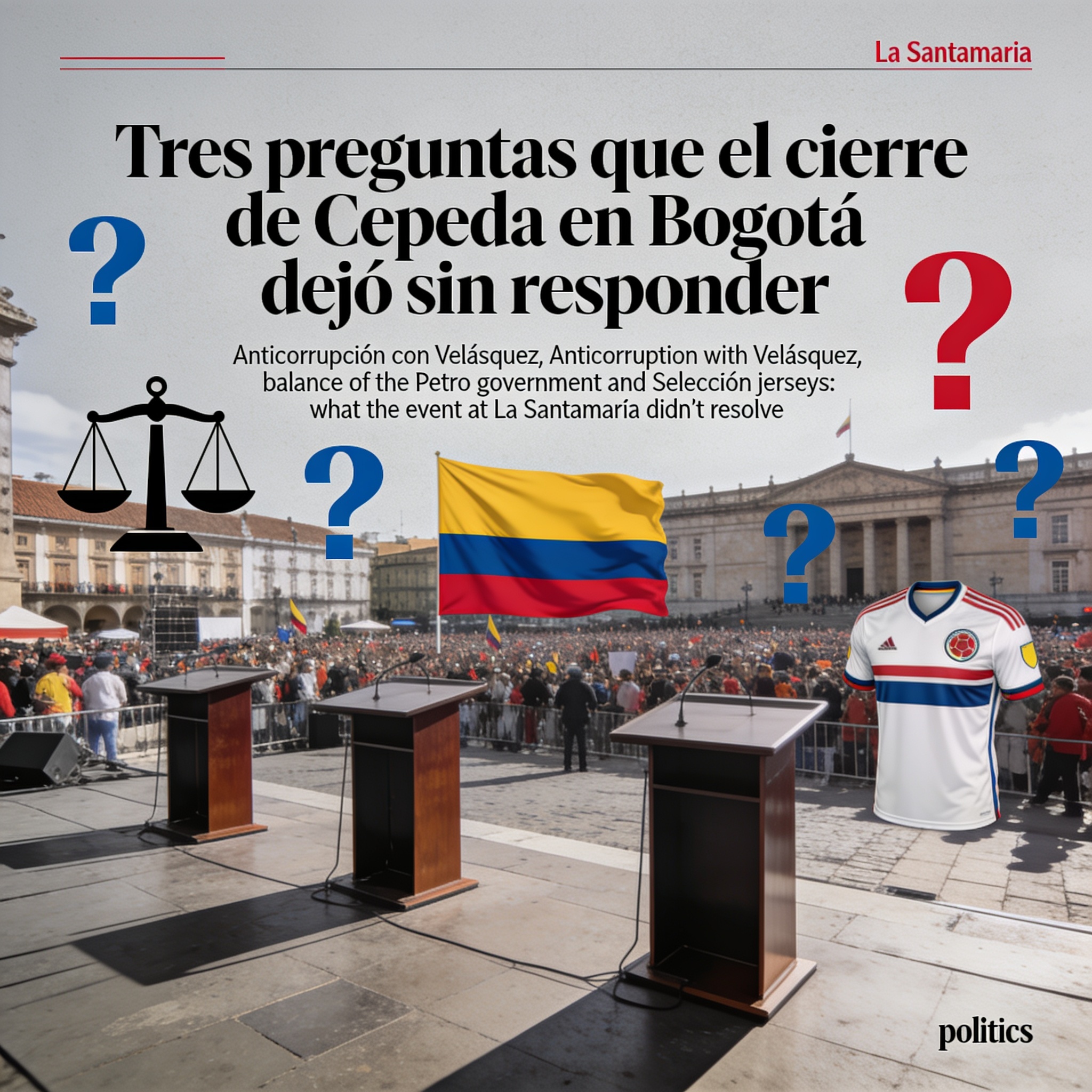 Tres preguntas que el cierre de Cepeda en Bogotá dejó sin responder — Política, ilustración editorial