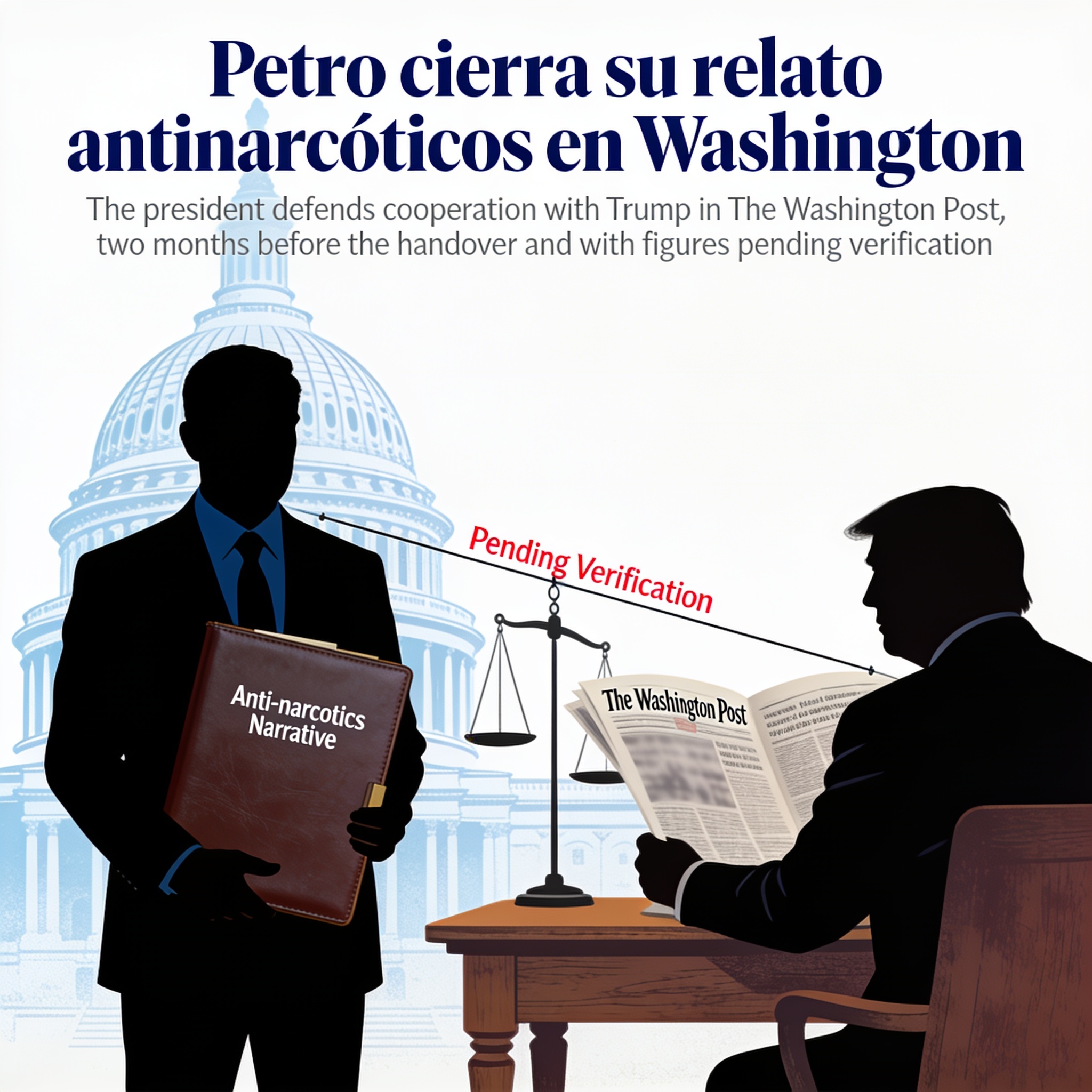 Petro cierra su relato antinarcóticos en Washington — Política, ilustración editorial