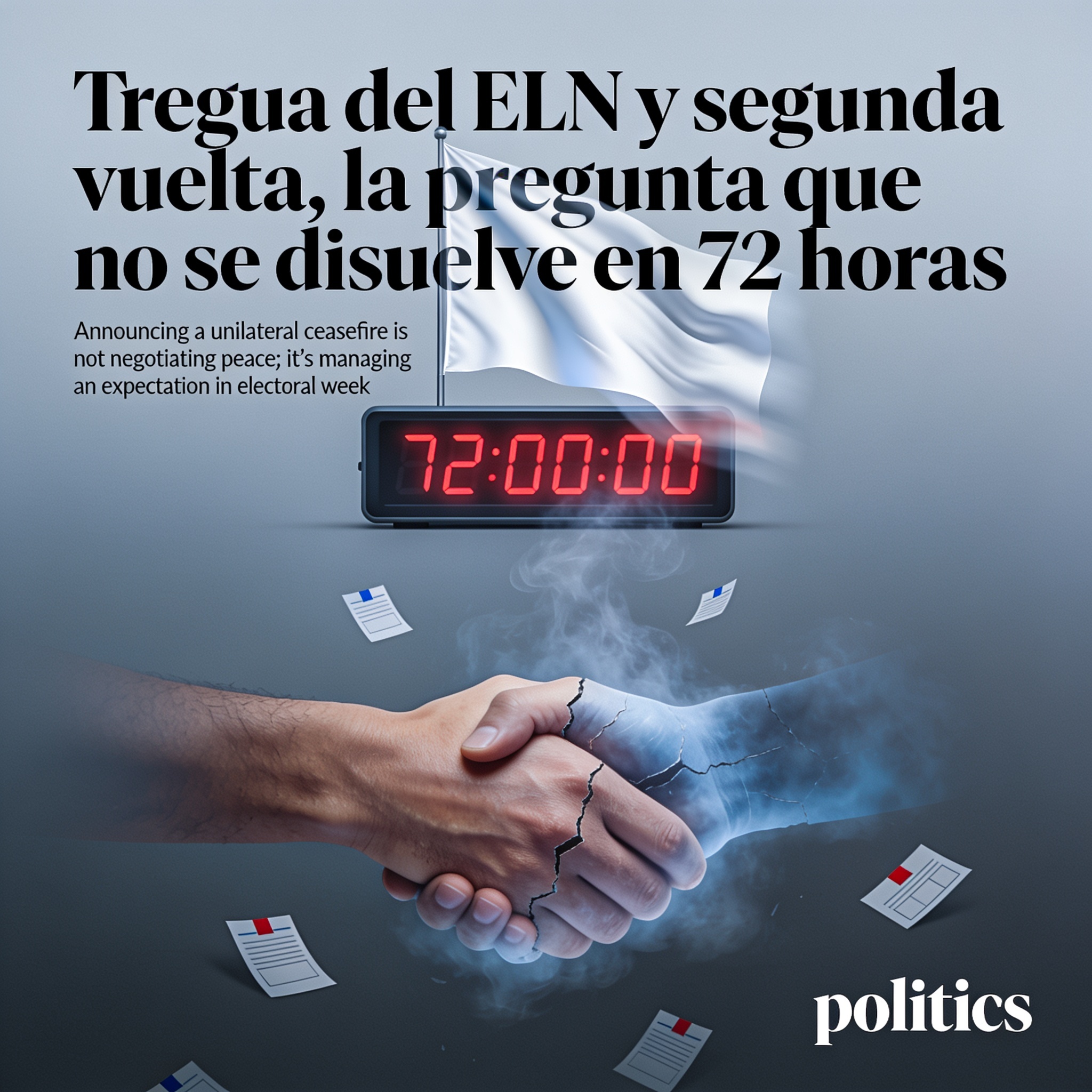 Tregua del Eln y segunda vuelta, la pregunta que no se disuelve en 72 horas — Política, ilustración editorial