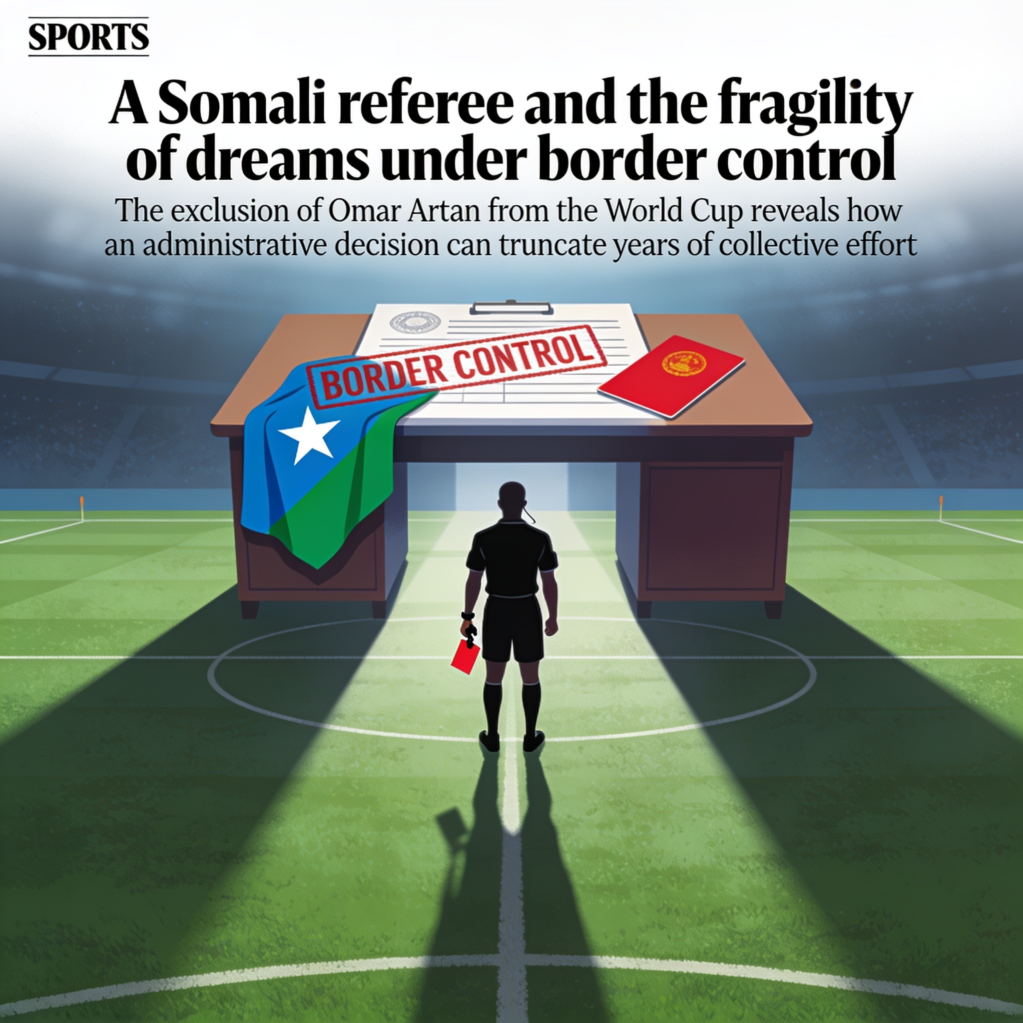 Un árbitro somalí y la fragilidad de los sueños bajo control fronterizo — Deportes, ilustración editorial