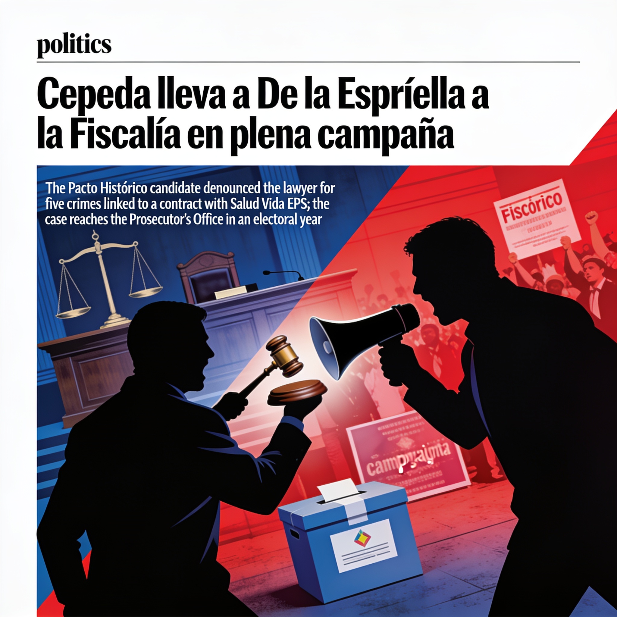Cepeda lleva a De la Espriella a la Fiscalía en plena campaña — Política, ilustración editorial