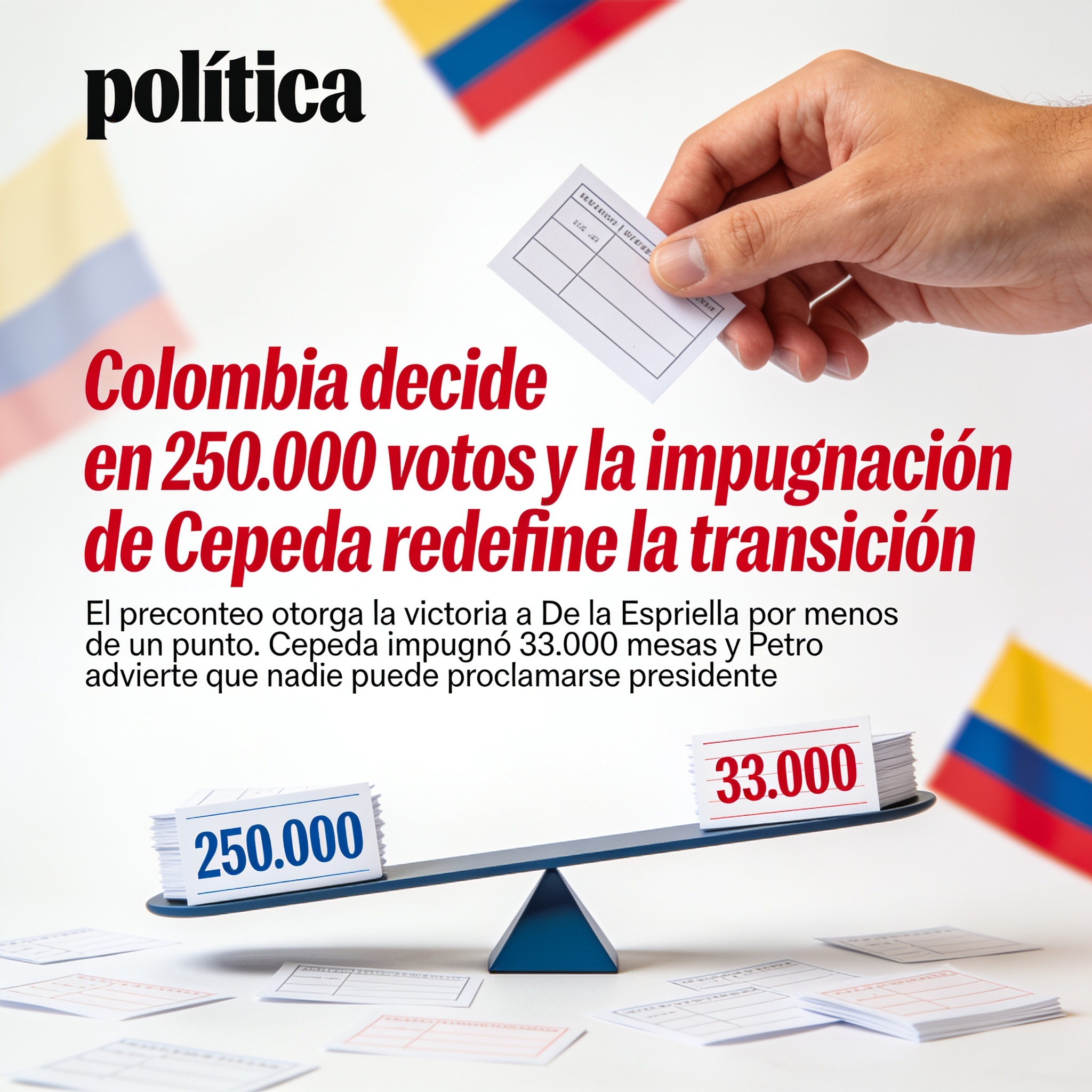Colombia decide en 250.000 votos y la impugnación de Cepeda redefine la transición — Política, ilustración editorial