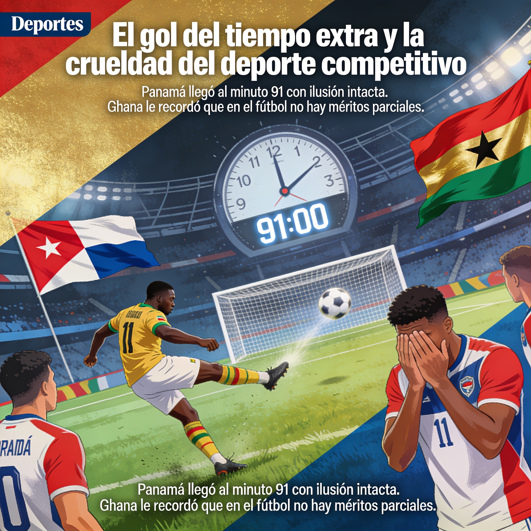 El gol del tiempo extra y la crueldad del deporte competitivo — Deportes, ilustración editorial