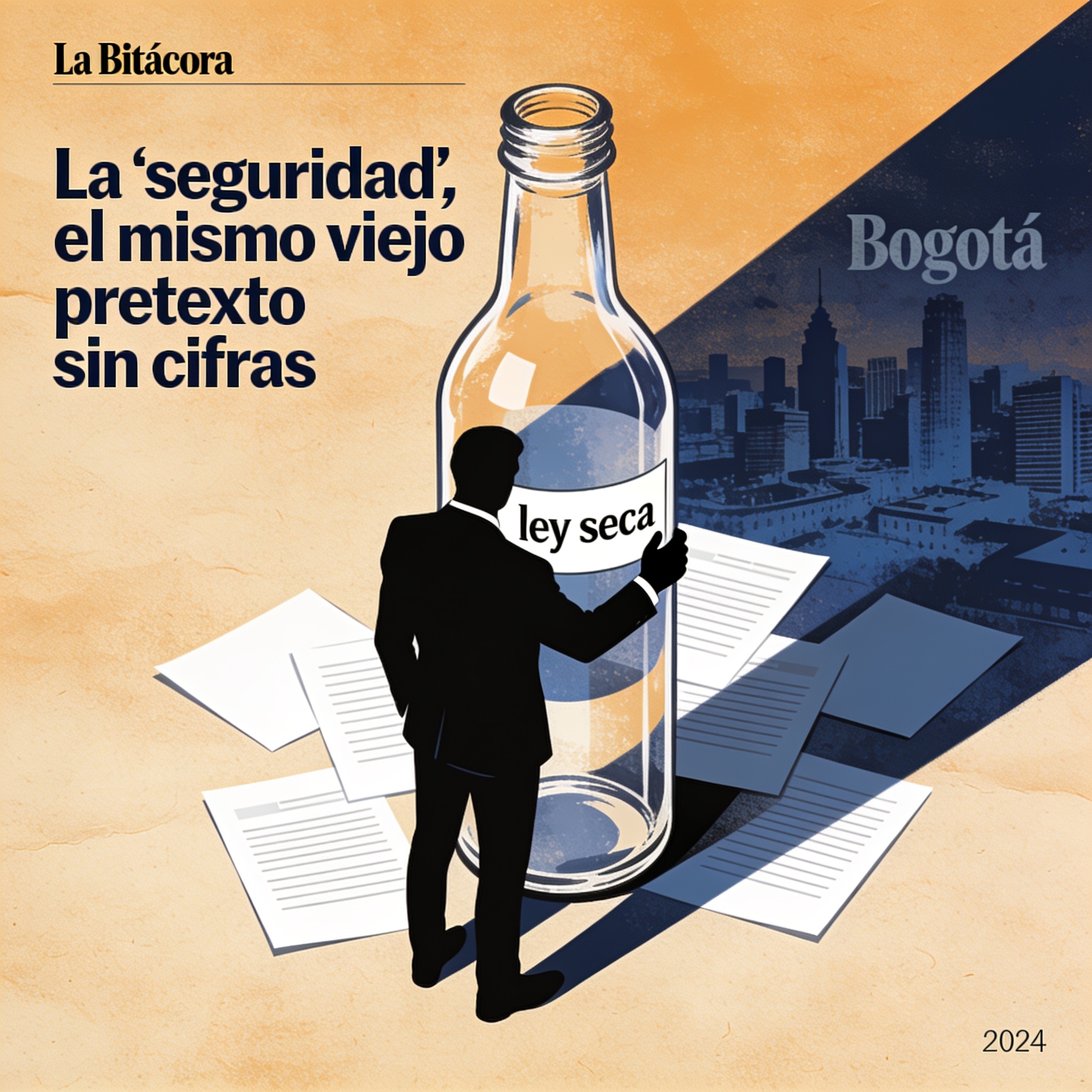 Bogotá decreta ley seca y vuelve a eludir la rendición de cuentas — Política, ilustración editorial