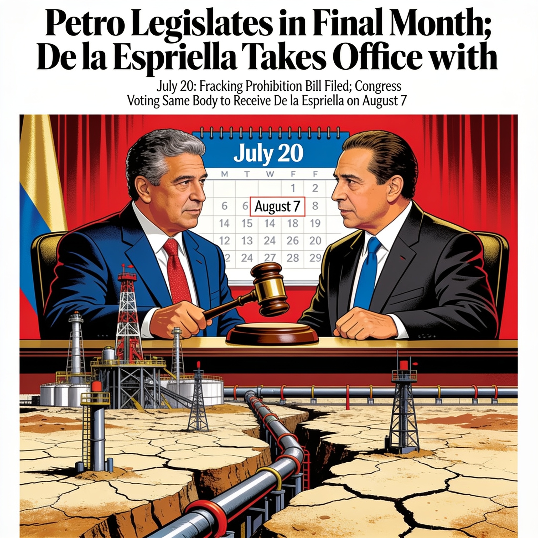 Petro legisla en el último mes y De la Espriella asume con el fracking en la mesa — Política, ilustración editorial