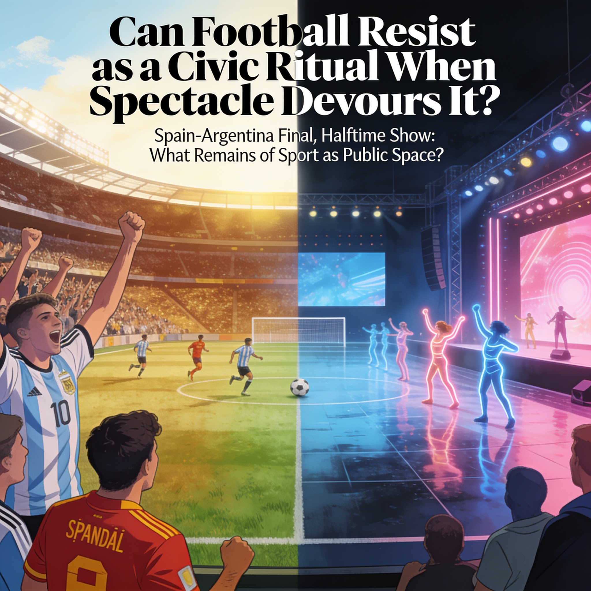 ¿Puede el fútbol resistir como ritual cívico cuando el espectáculo lo devora? — Deportes, ilustración editorial