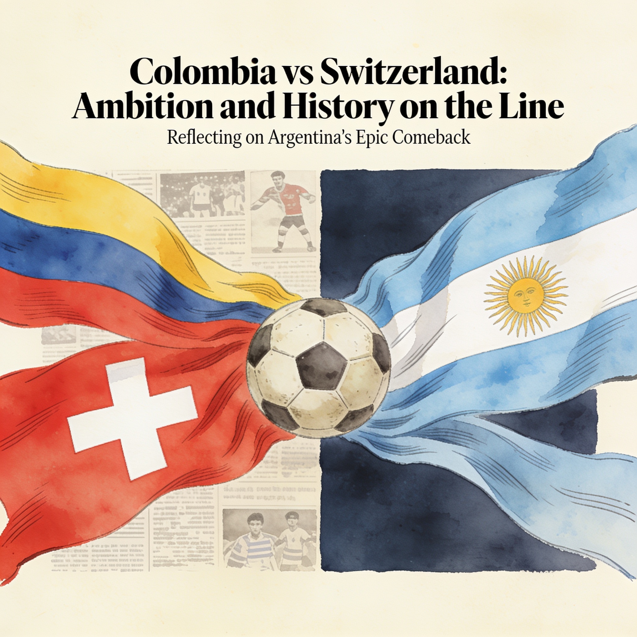 Colombia mide su temple ante Suiza mientras Argentina escribe otra página épica — Deportes, ilustración editorial
