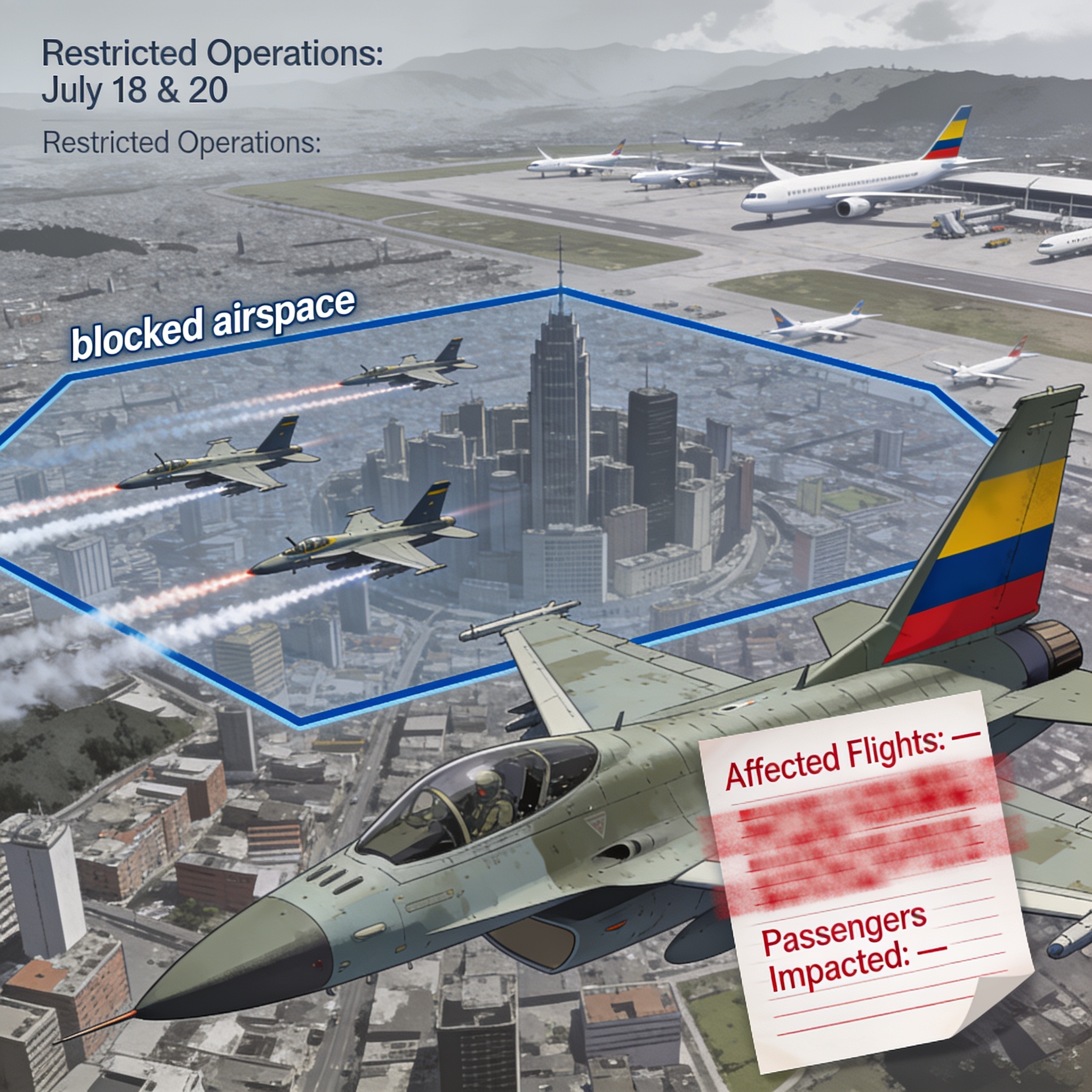 Bogotá cierra el espacio aéreo por el 20 de Julio sin datos de impacto — Política, ilustración editorial