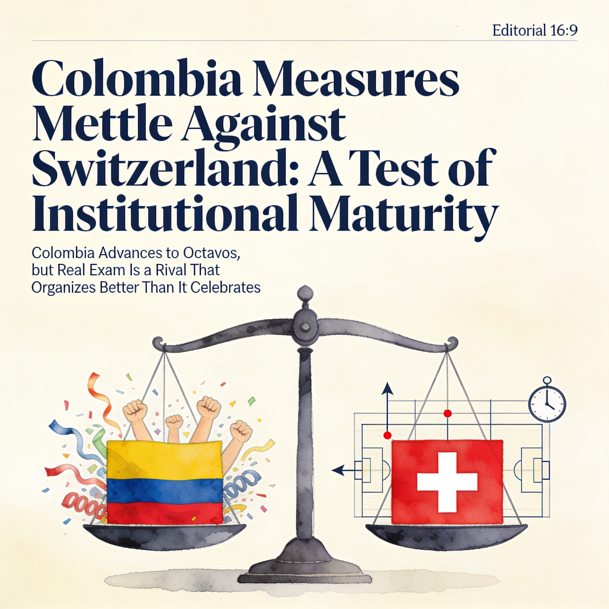 Colombia mide su temple ante Suiza en una prueba de madurez institucional — Deportes, ilustración editorial