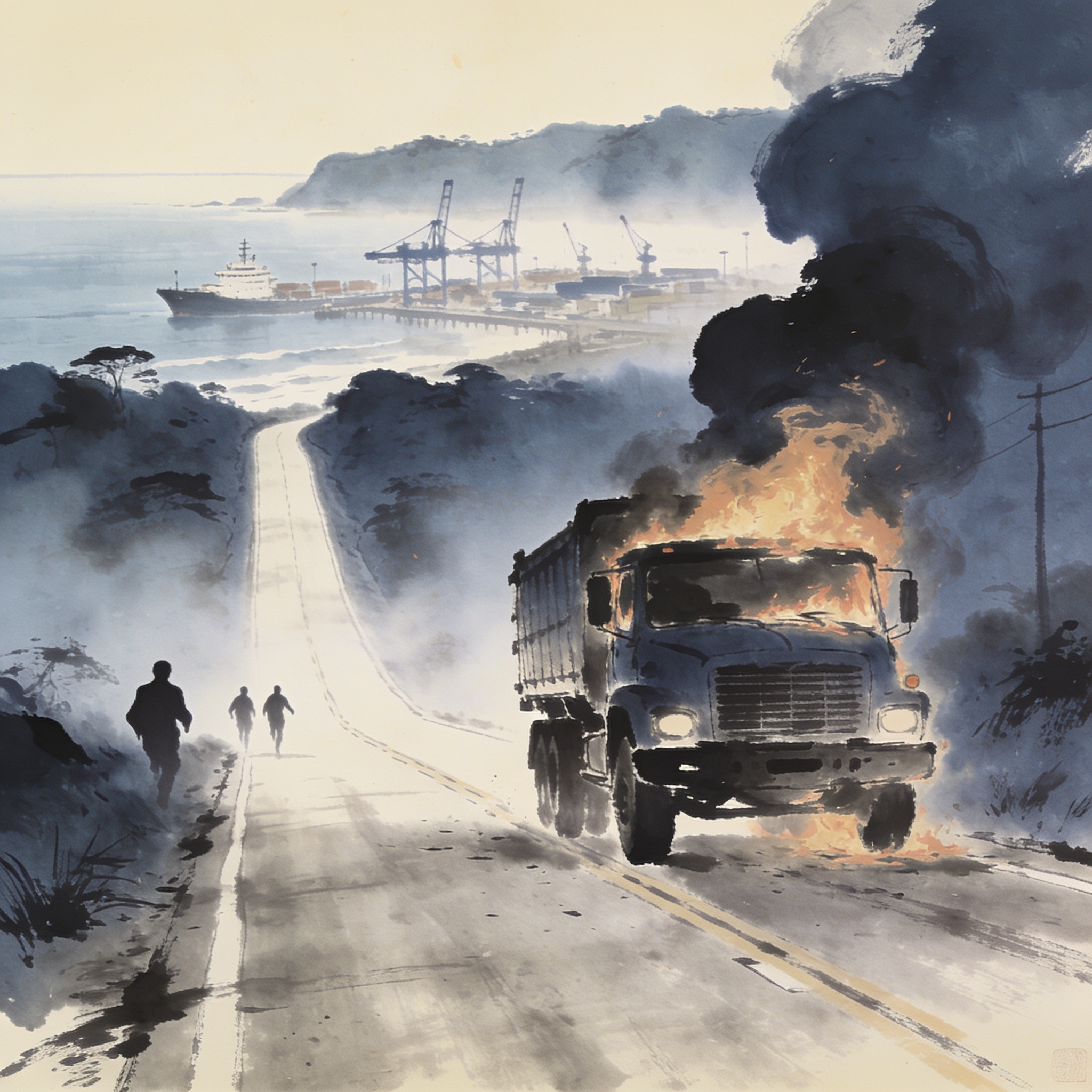 El Eln vuelve a incendiar la vía al puerto y el Estado no responde — Política, ilustración editorial