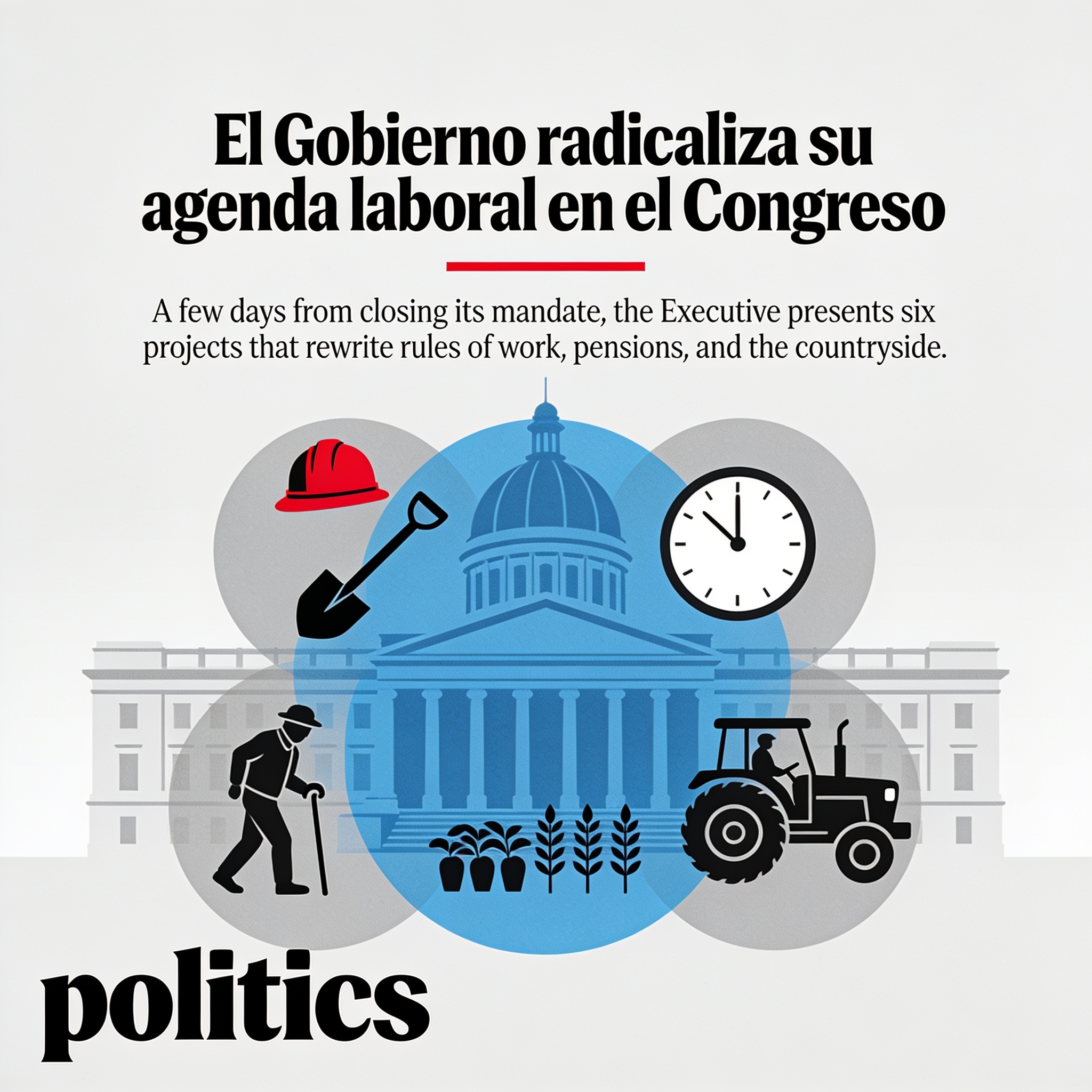 El Gobierno radicaliza su agenda laboral en el Congreso — Política, ilustración editorial
