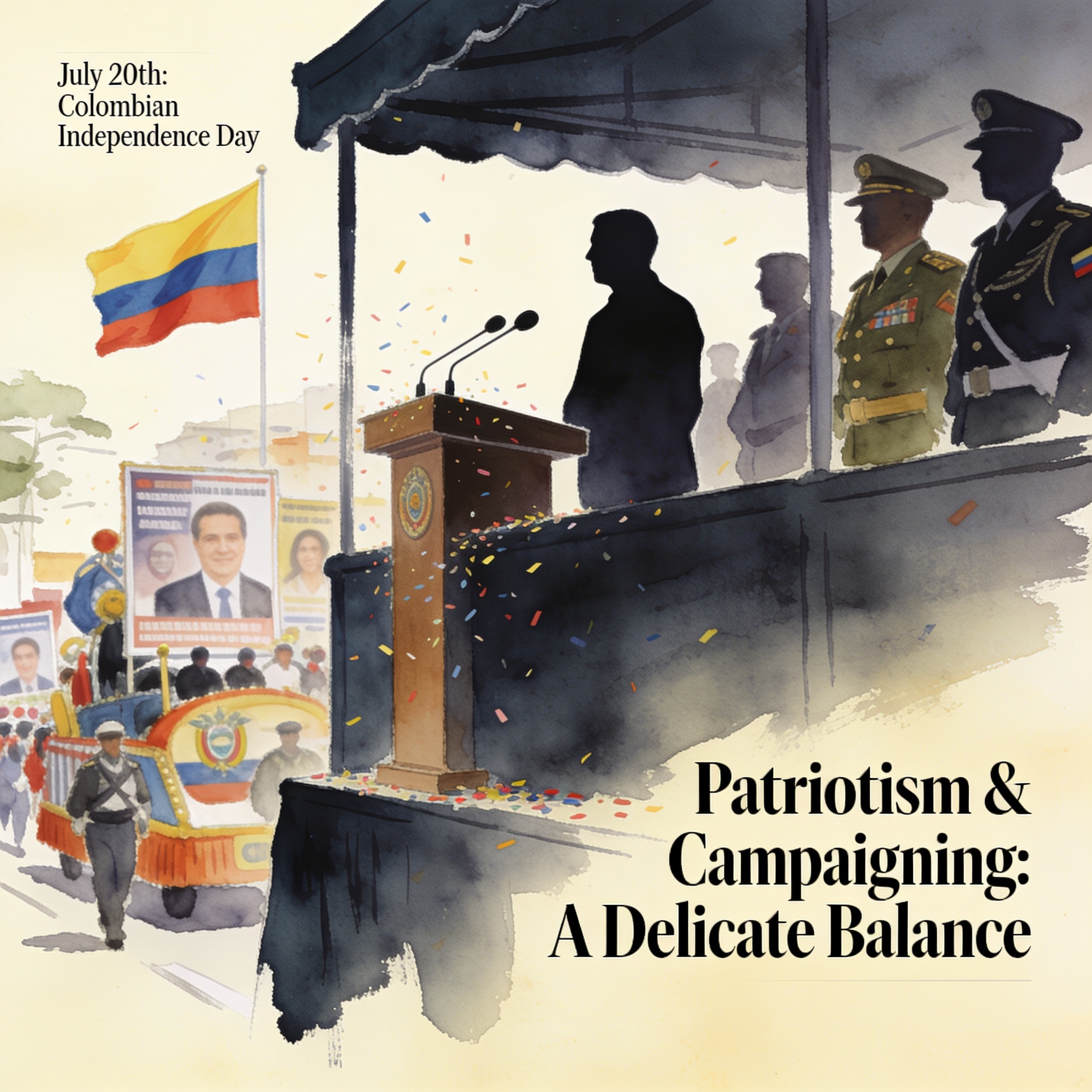 El 20 de julio en Medellín, entre desfile y campaña anticipada — Política, ilustración editorial