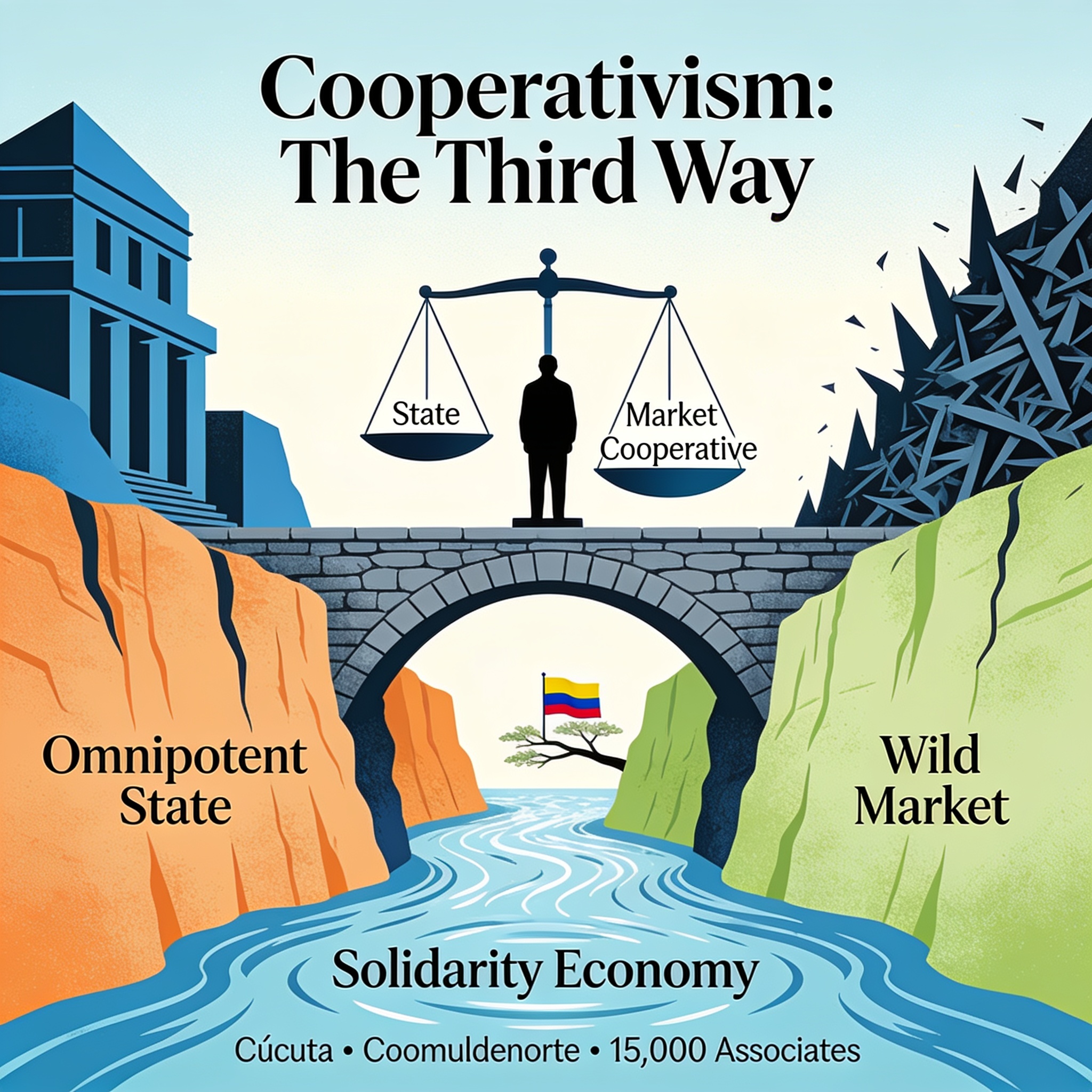 El cooperativismo como tercera vía entre el Estado omnipotente y el mercado salvaje — Análisis, ilustración editorial