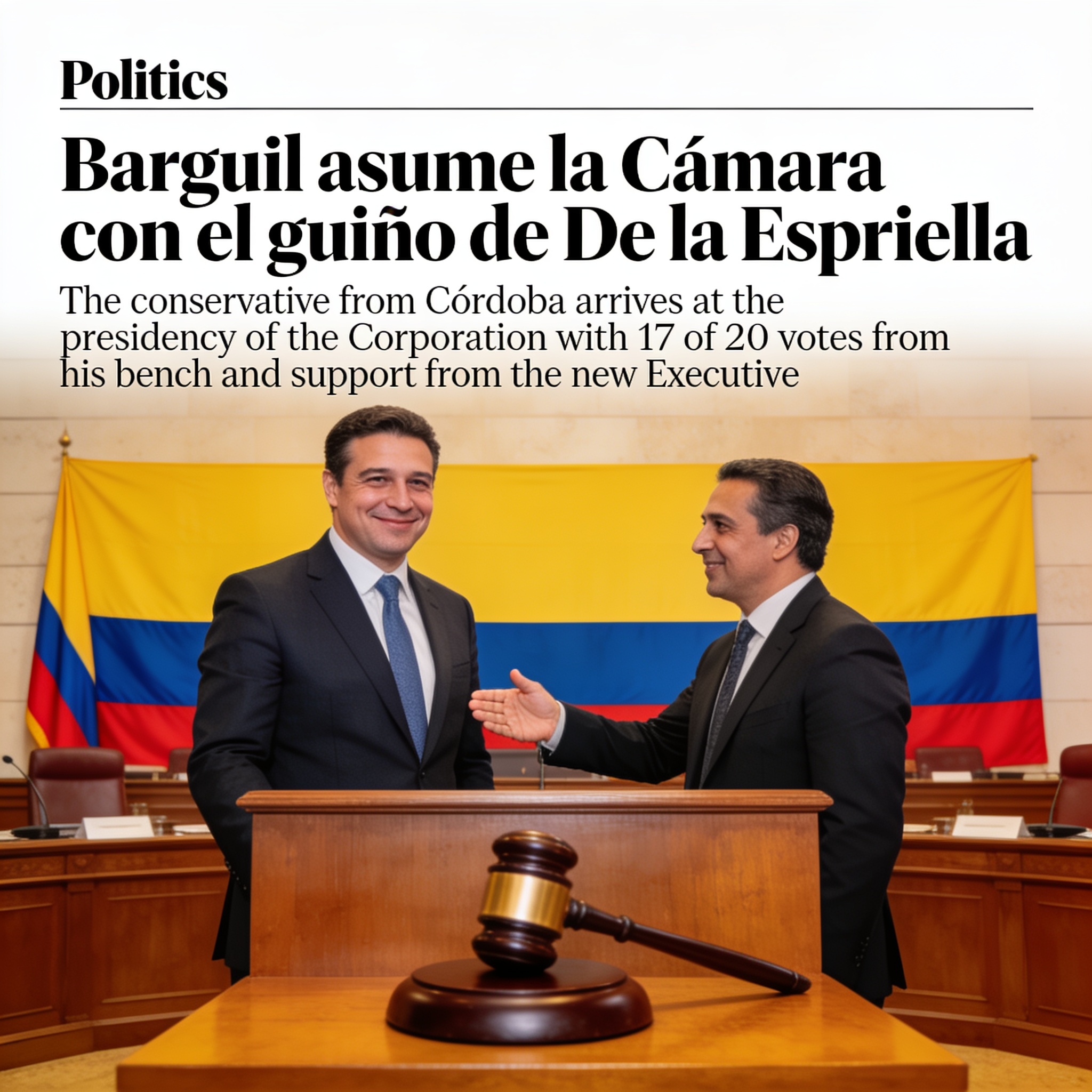 Barguil asume la Cámara con el guiño de De la Espriella — Política, ilustración editorial