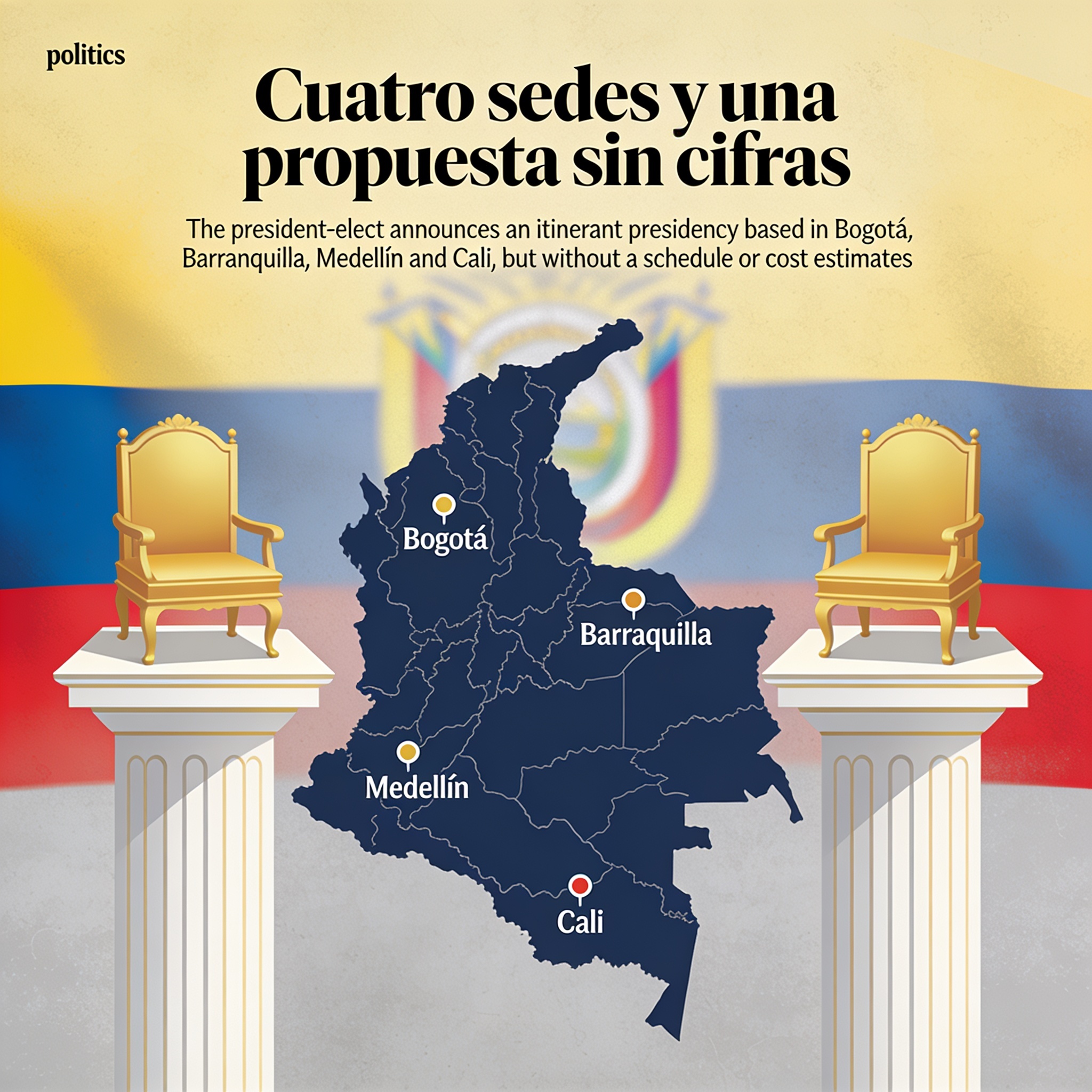 Cuatro sedes y una propuesta sin cifras — Política, ilustración editorial