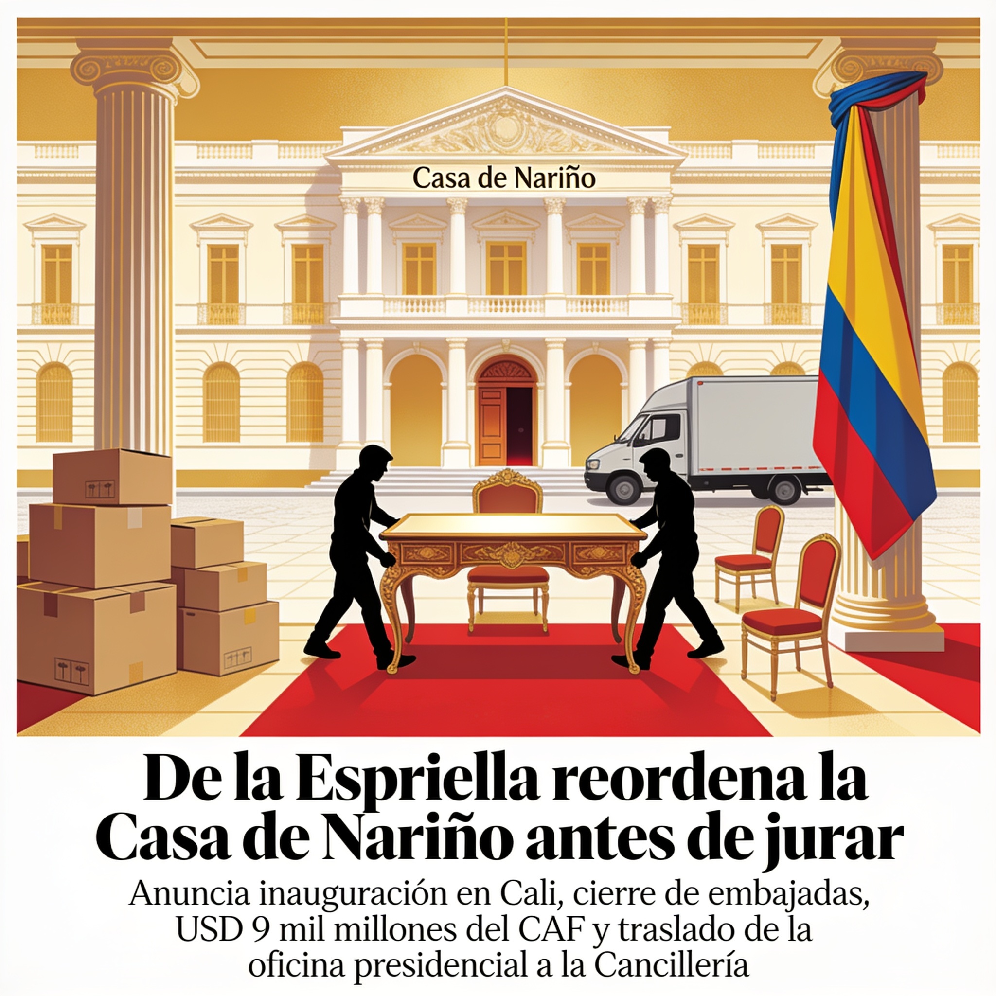 De la Espriella reordena la Casa de Nariño antes de jurar — Política, ilustración editorial